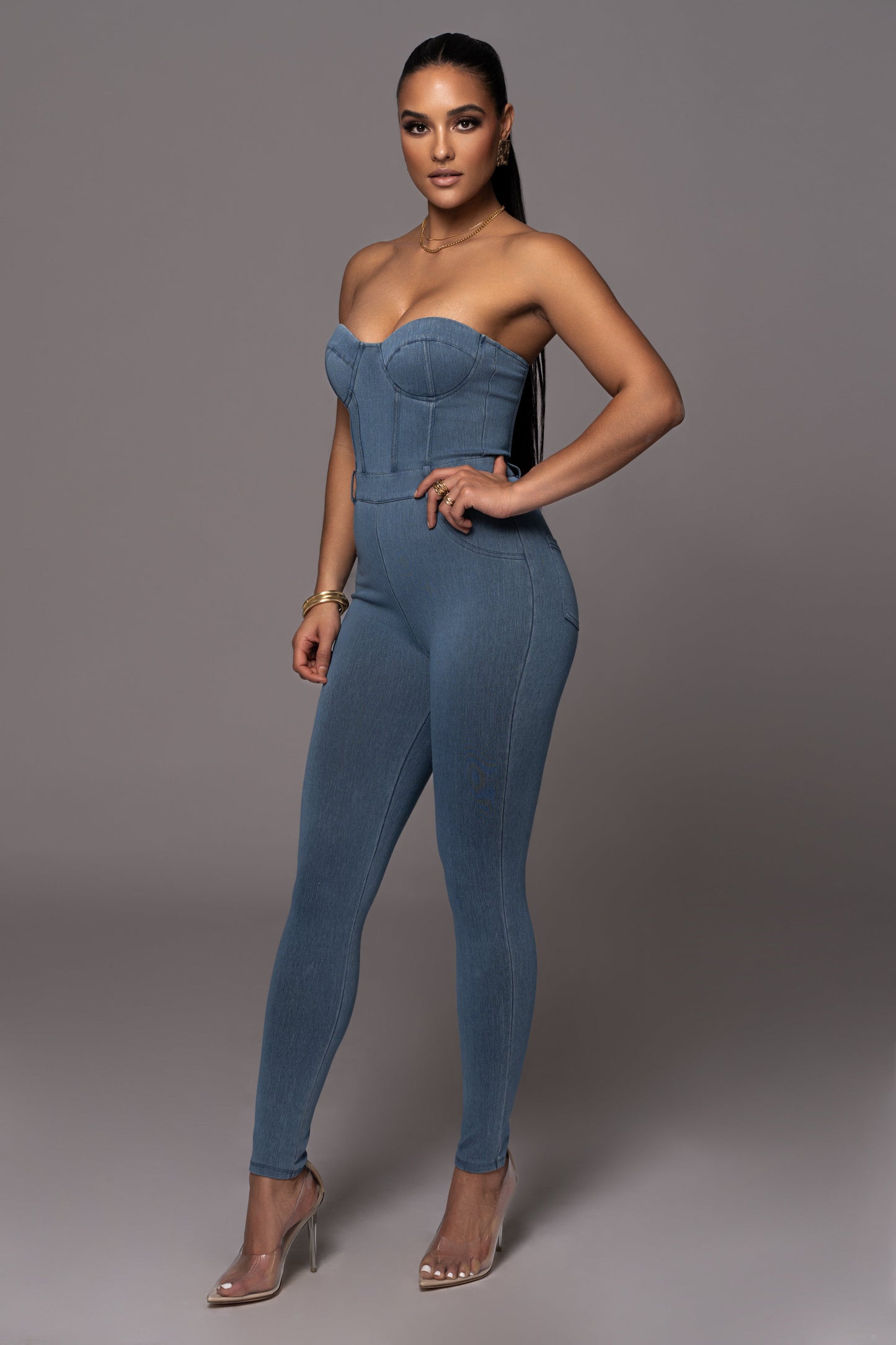 Medium Wash Denim Diya Bustier Jumpsuit NEWFASHIONEDGE
