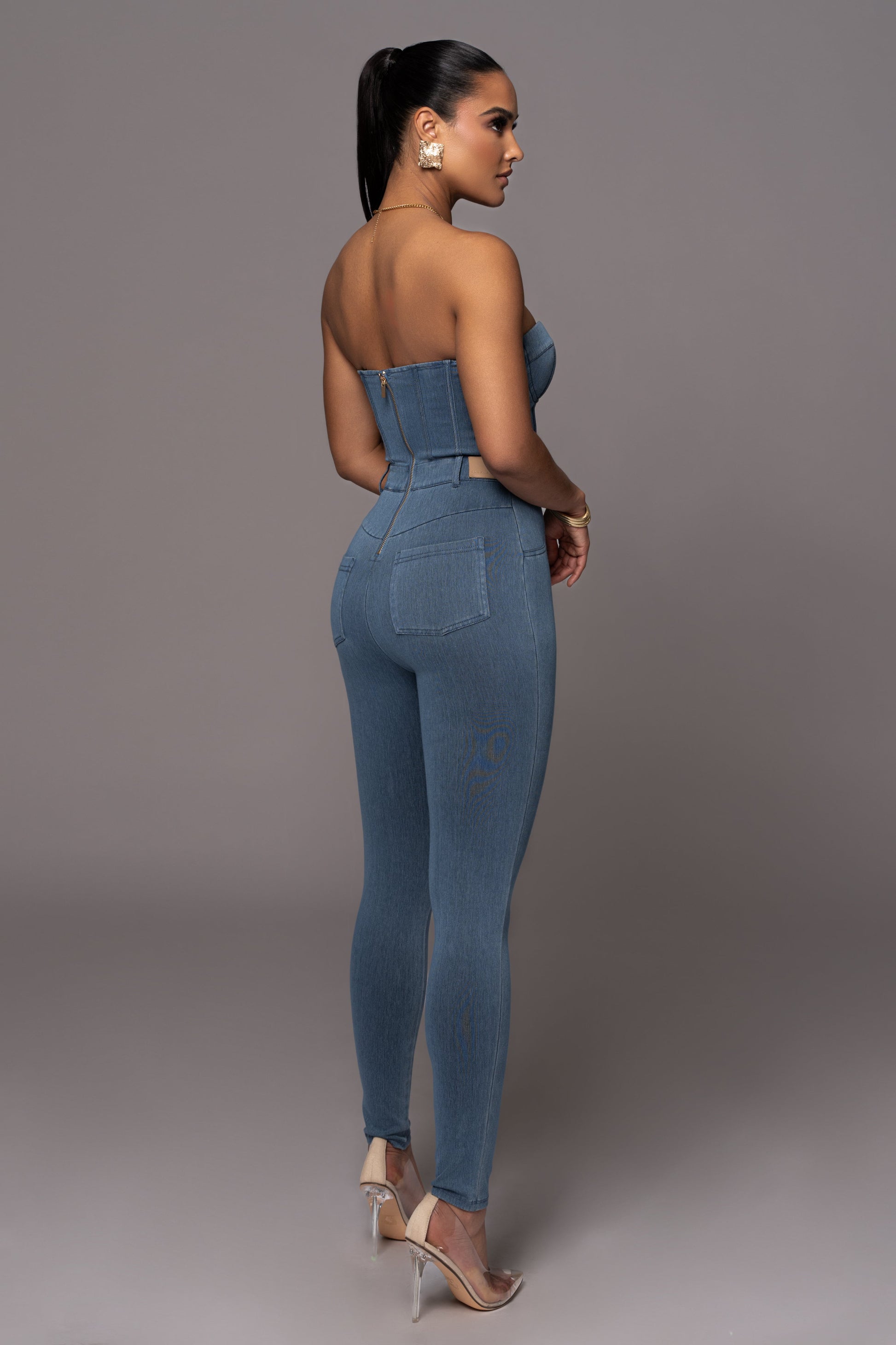 Medium Wash Denim Diya Bustier Jumpsuit NEWFASHIONEDGE