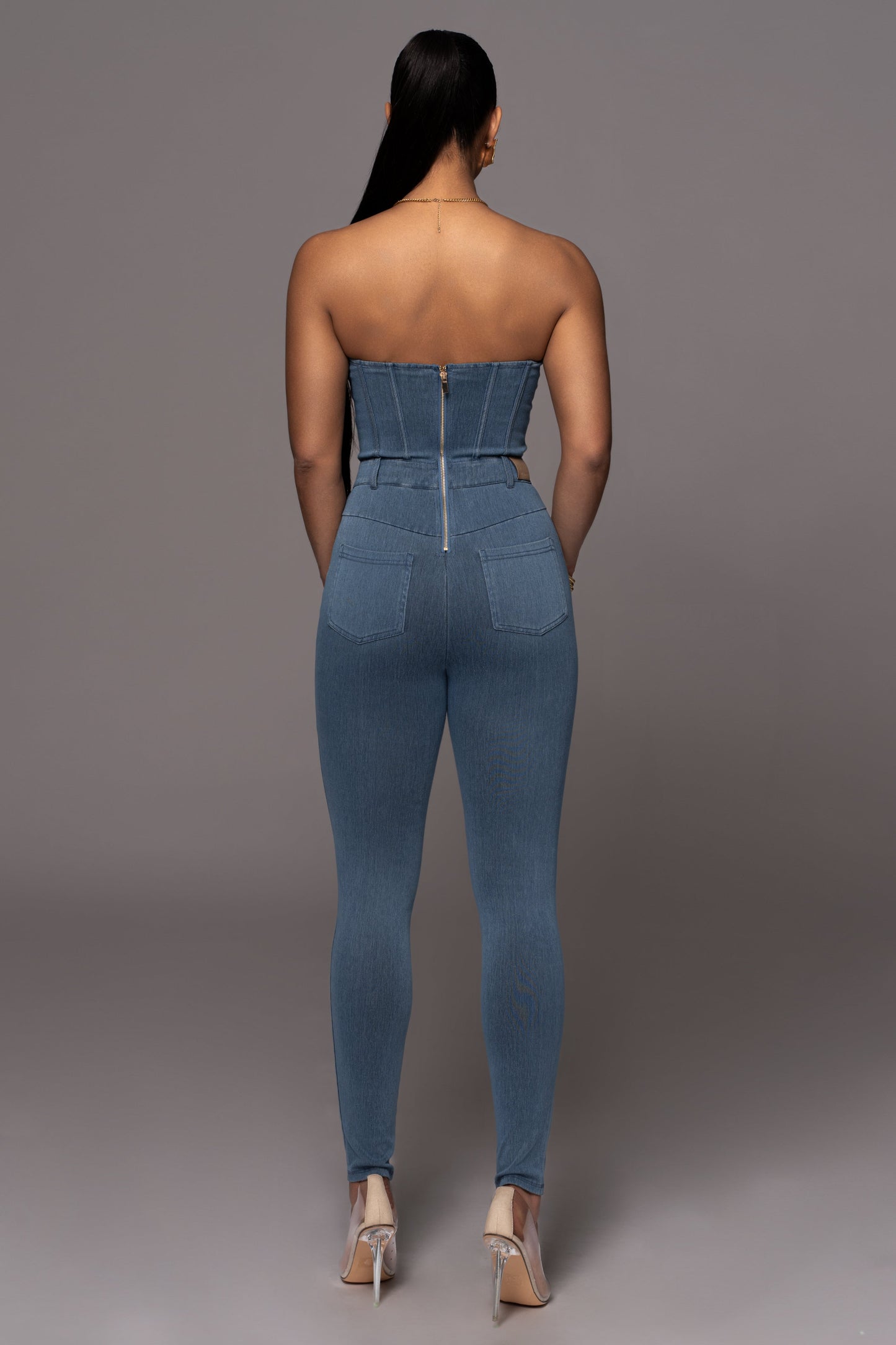 Medium Wash Denim Diya Bustier Jumpsuit NEWFASHIONEDGE