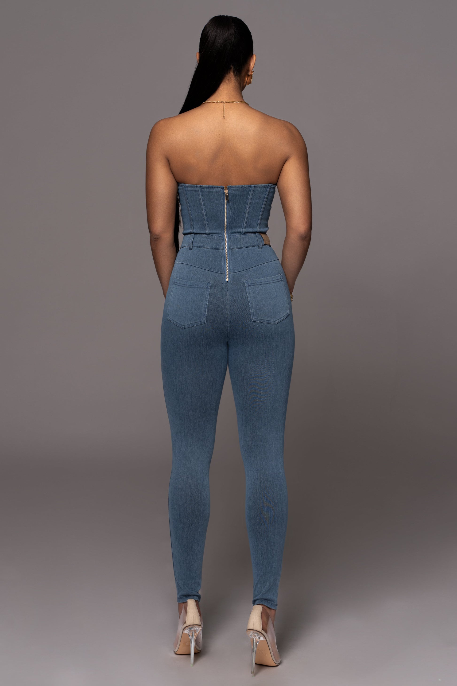 Medium Wash Denim Diya Bustier Jumpsuit NEWFASHIONEDGE