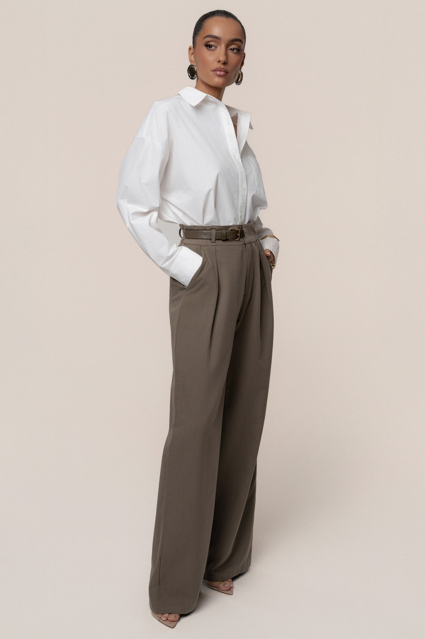 Dark Taupe Everywhere Belted Trousers JLUXLABEL
