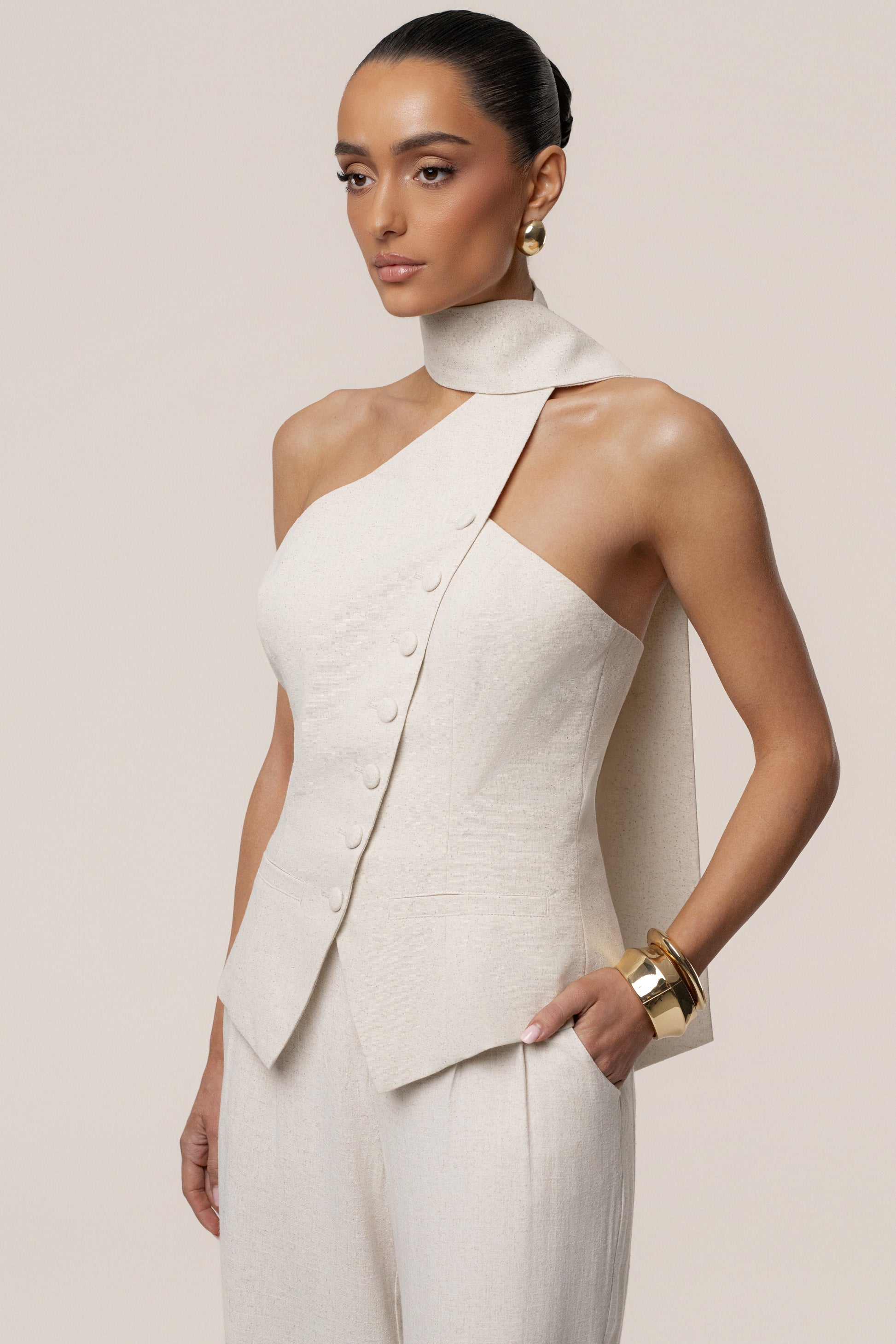PRE-ORDER Oatmeal Asymmetric Scarf Top NEWFASHIONEDGE
