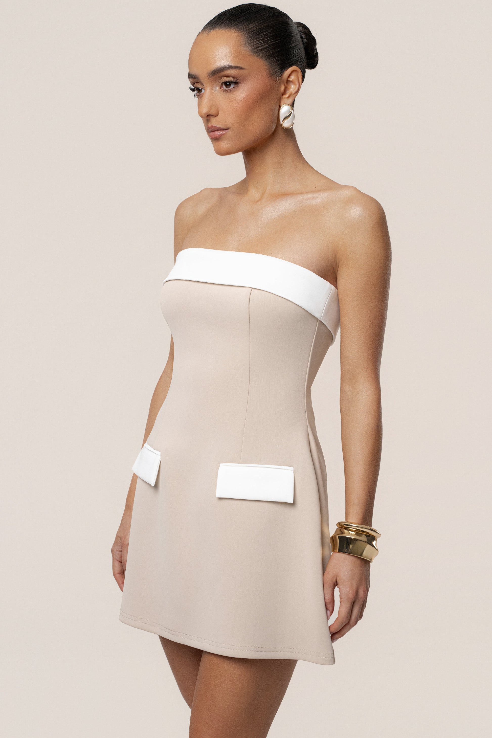 Beige Midnight Toast Mini Dress JLUXLABEL