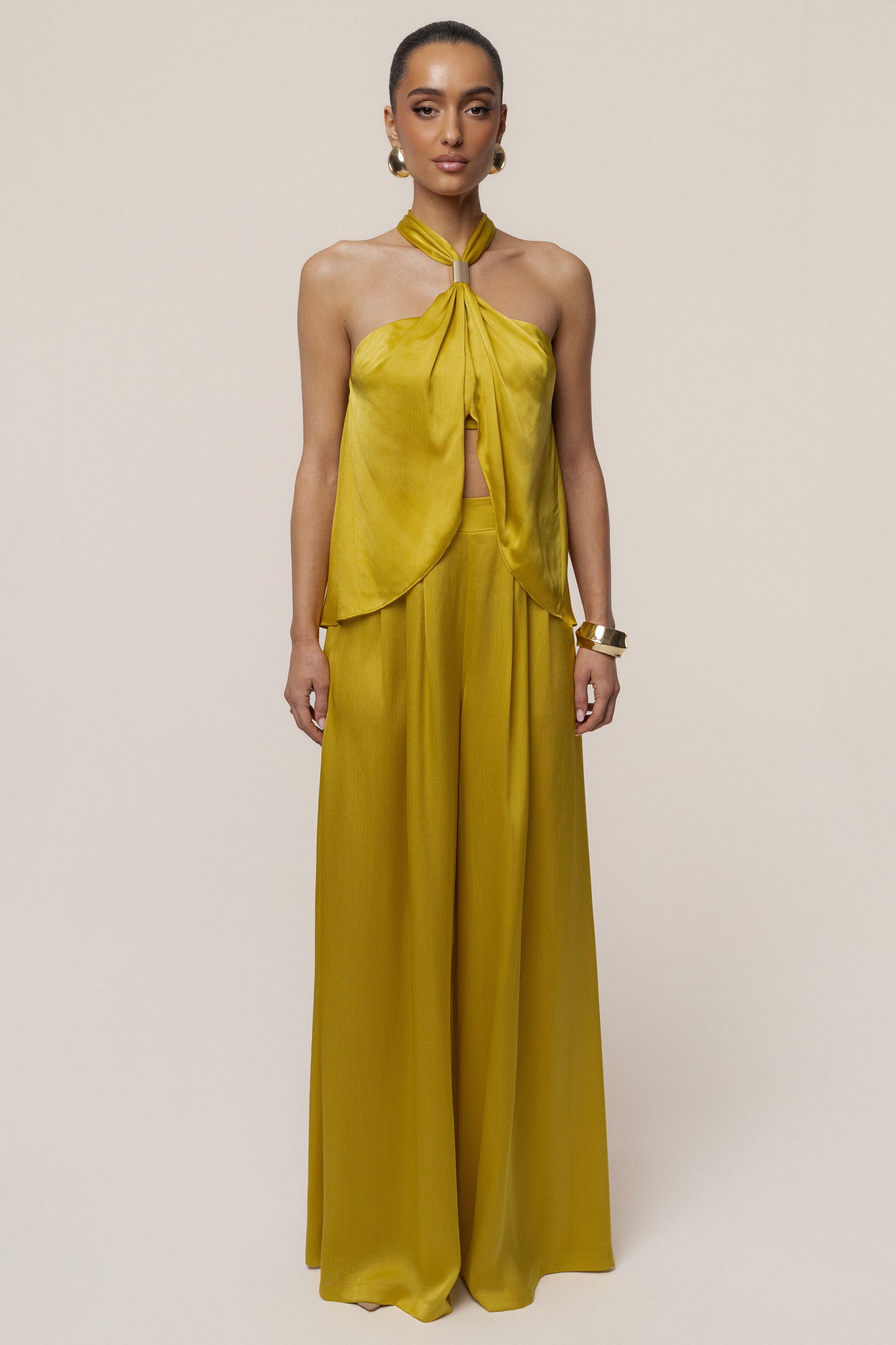 Yellow Cascade Satin Pant Set NEWFASHIONEDGE