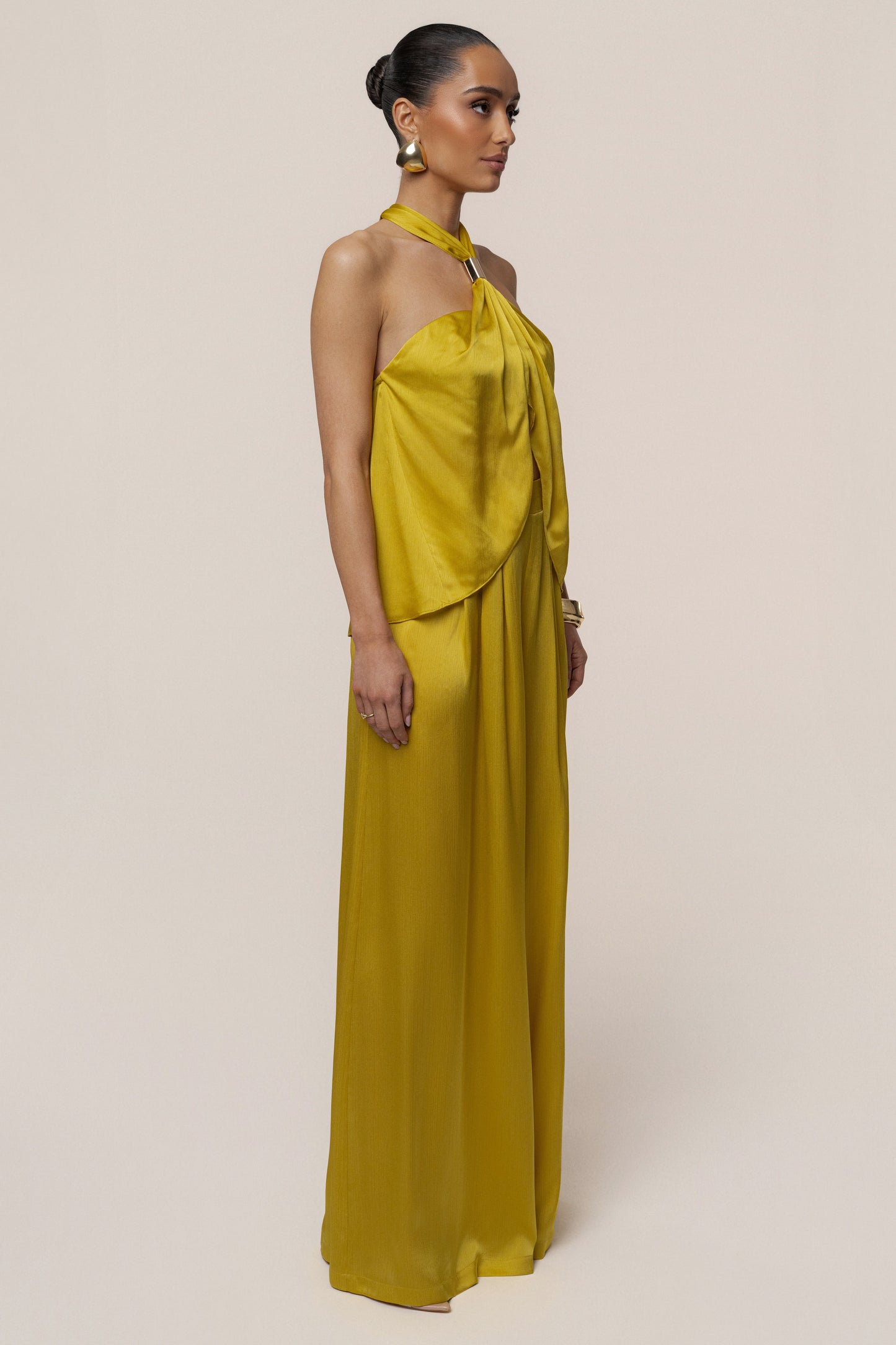 Yellow Cascade Satin Pant Set NEWFASHIONEDGE