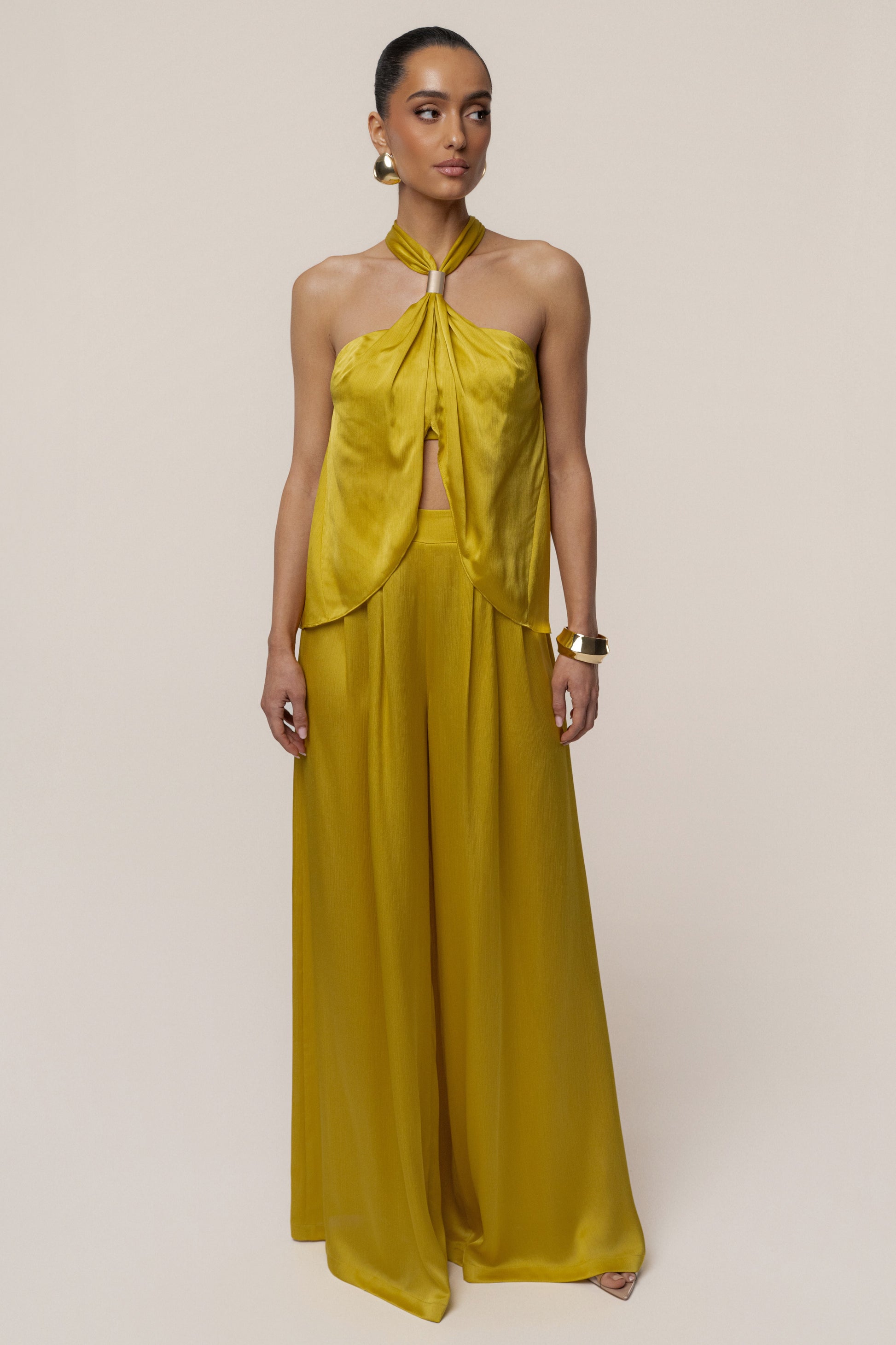Yellow Cascade Satin Pant Set NEWFASHIONEDGE