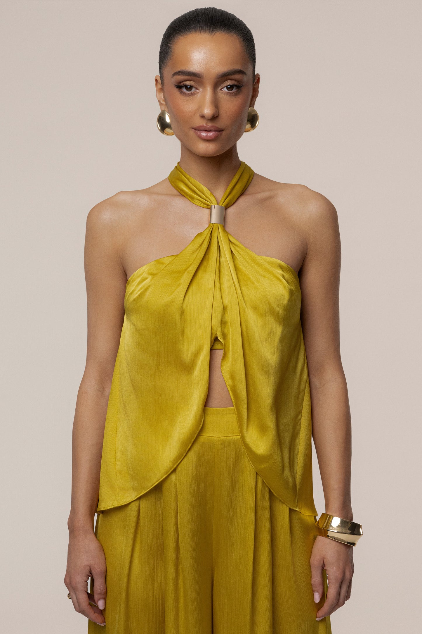 Yellow Cascade Satin Pant Set