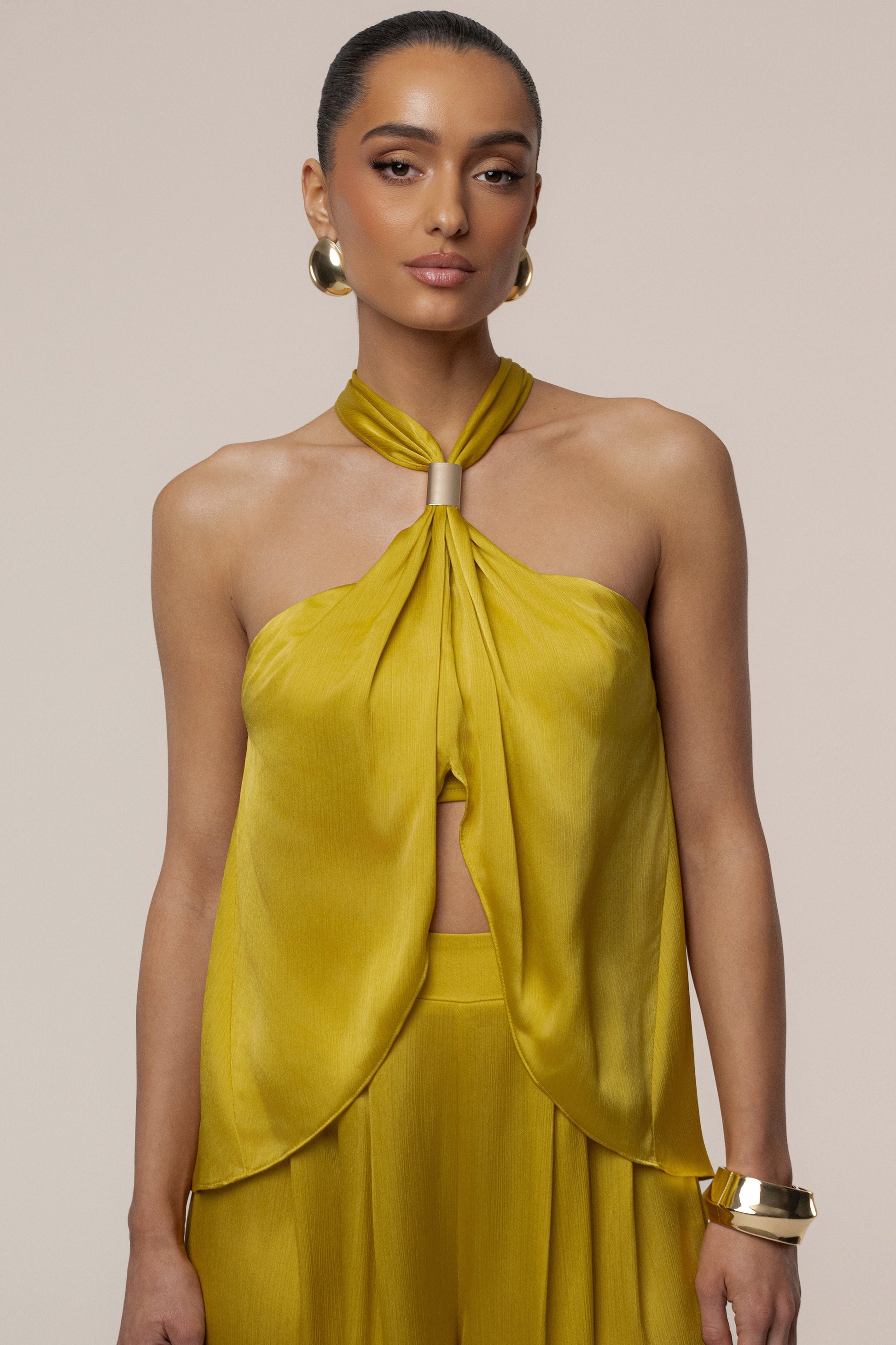 Yellow Cascade Satin Pant Set NEWFASHIONEDGE