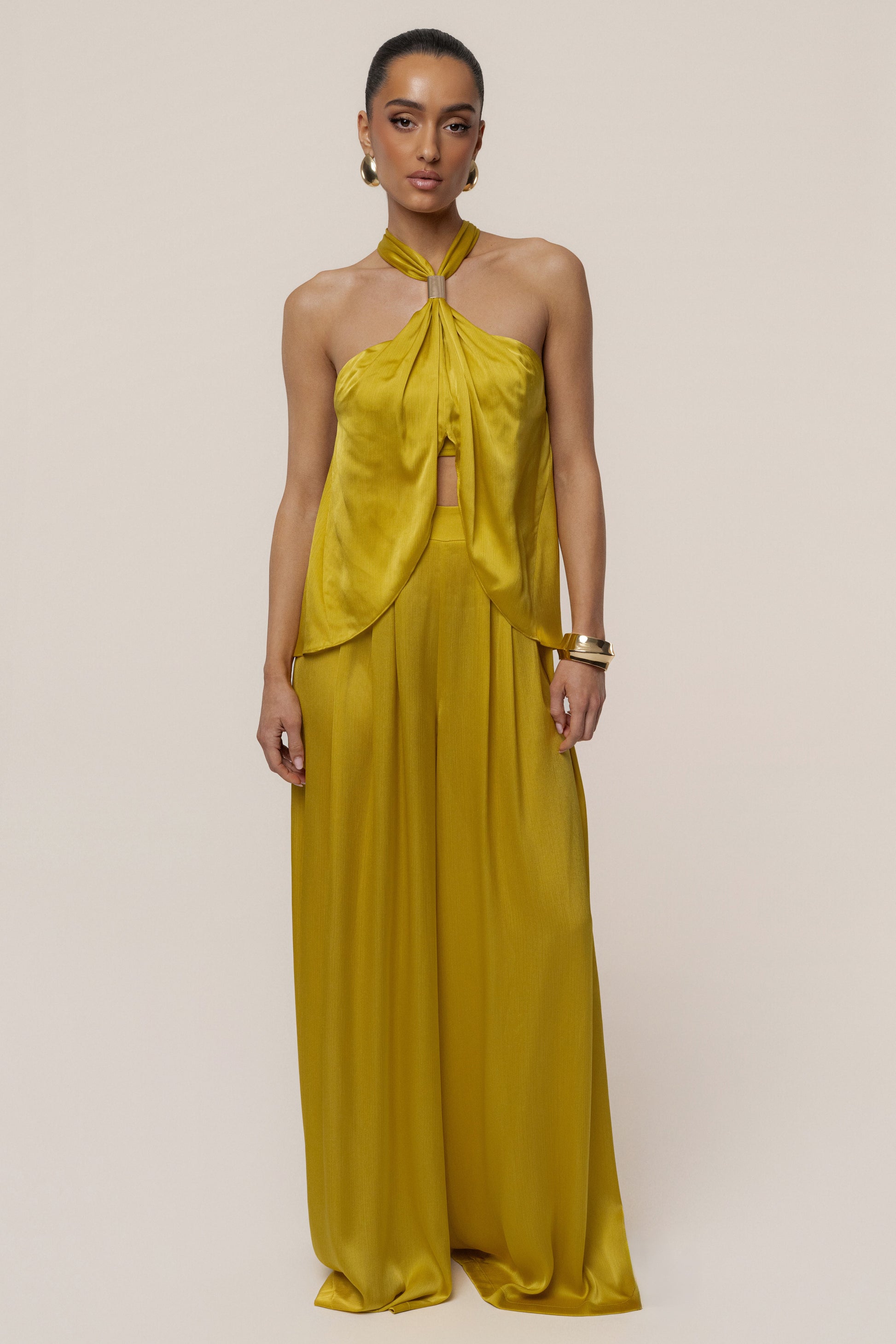 Yellow Cascade Satin Pant Set NEWFASHIONEDGE
