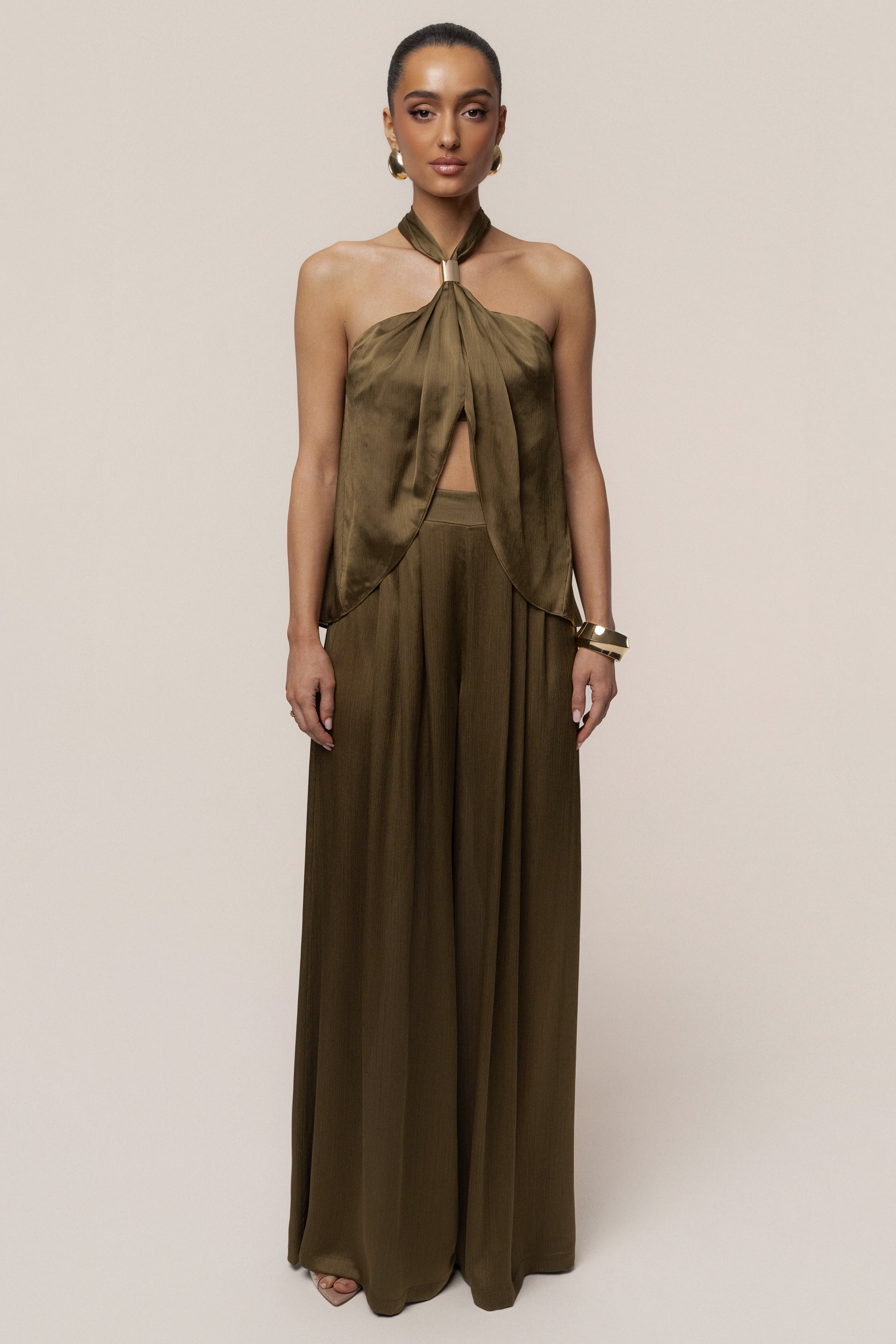 Olive Cascade Satin Pant Set NEWFASHIONEDGE