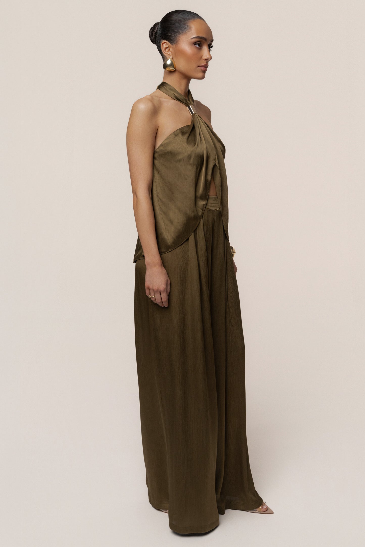 Olive Cascade Satin Pant Set