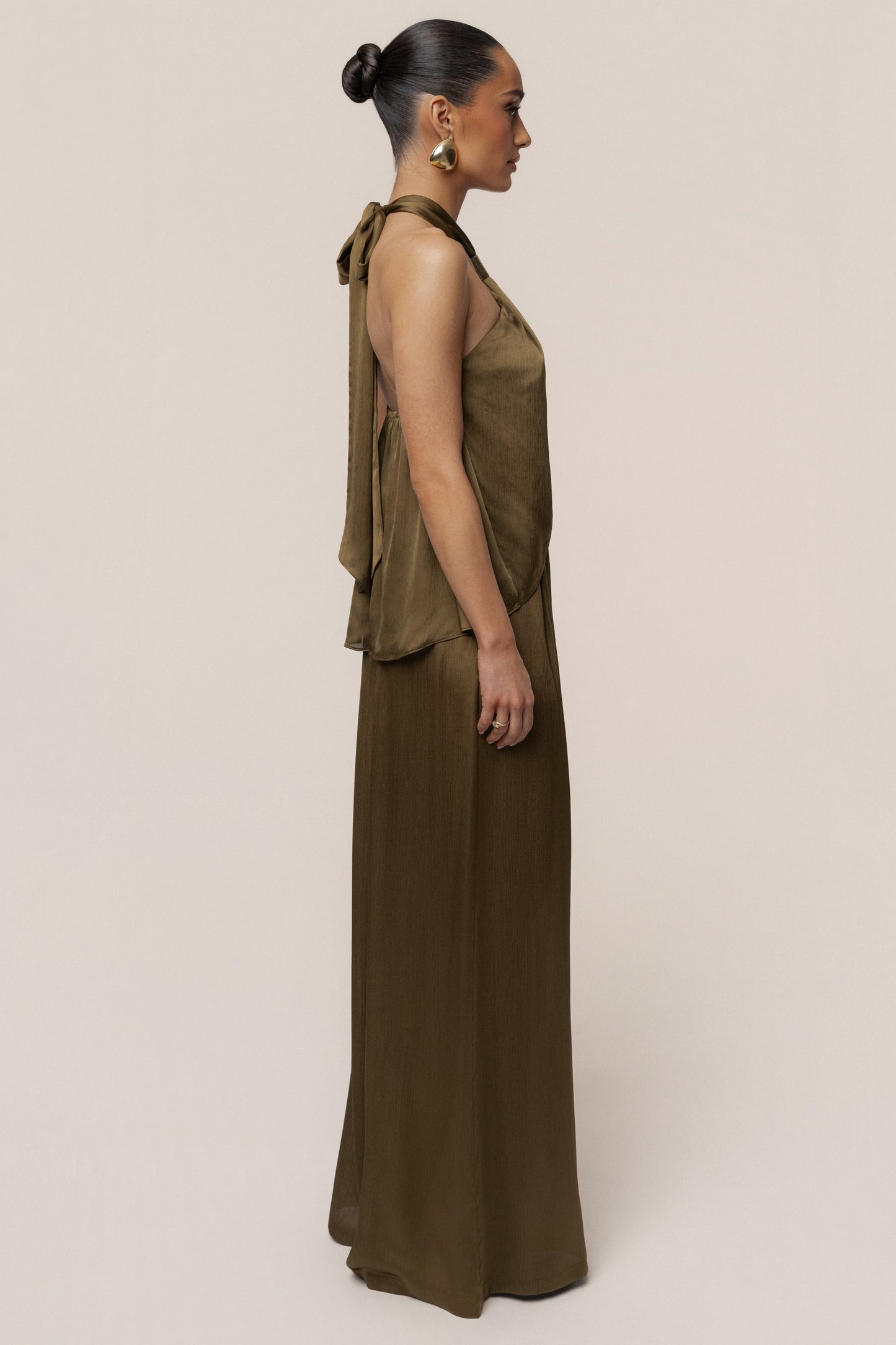 Olive Cascade Satin Pant Set NEWFASHIONEDGE