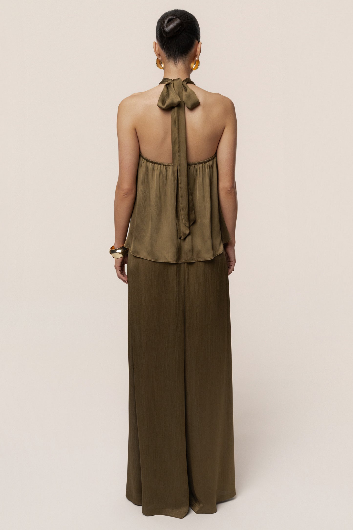 Olive Cascade Satin Pant Set
