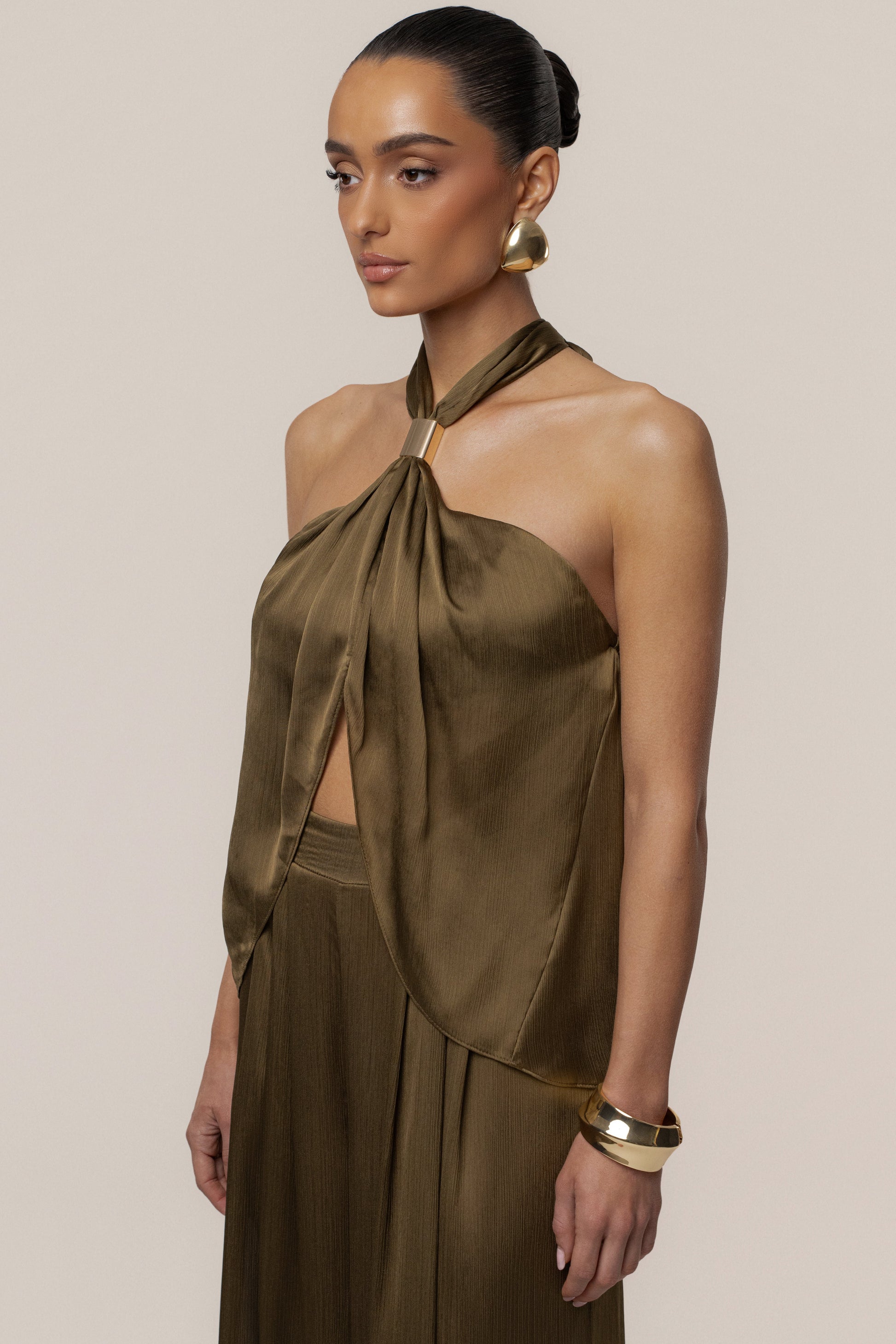 Olive Cascade Satin Pant Set NEWFASHIONEDGE