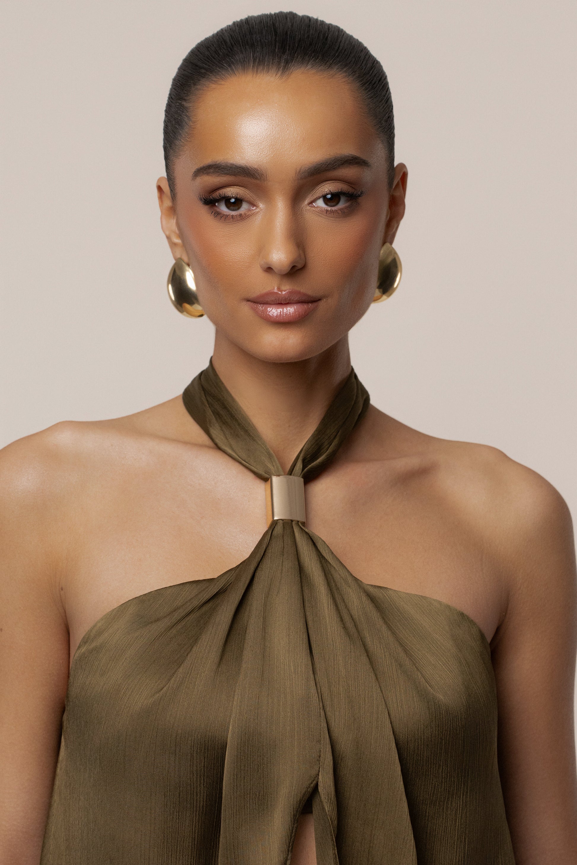 Olive Cascade Satin Pant Set NEWFASHIONEDGE