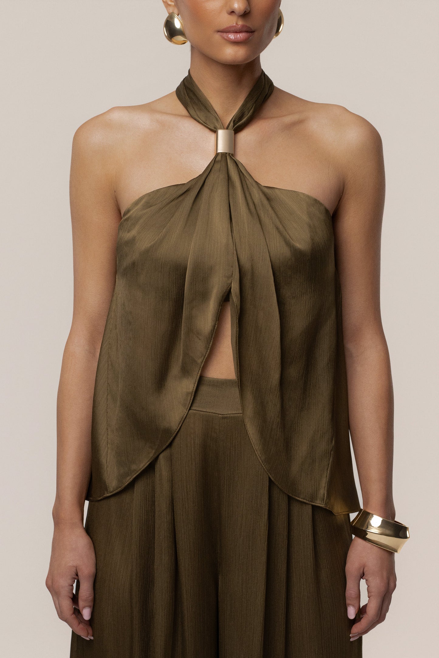 Olive Cascade Satin Pant Set