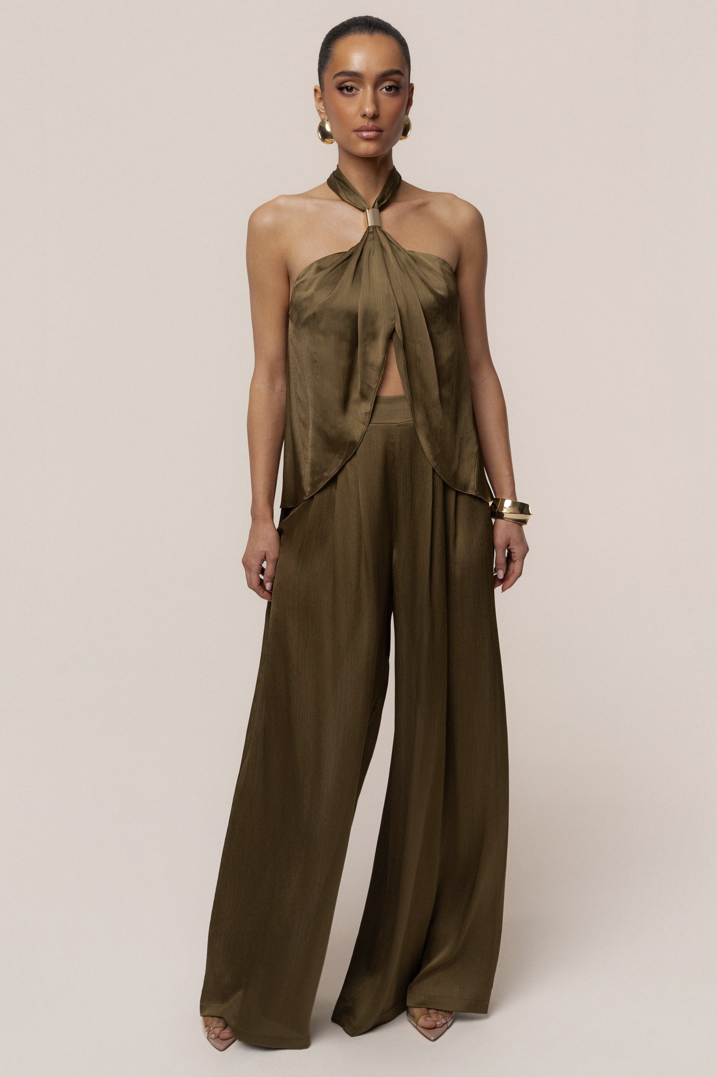 Olive Cascade Satin Pant Set NEWFASHIONEDGE
