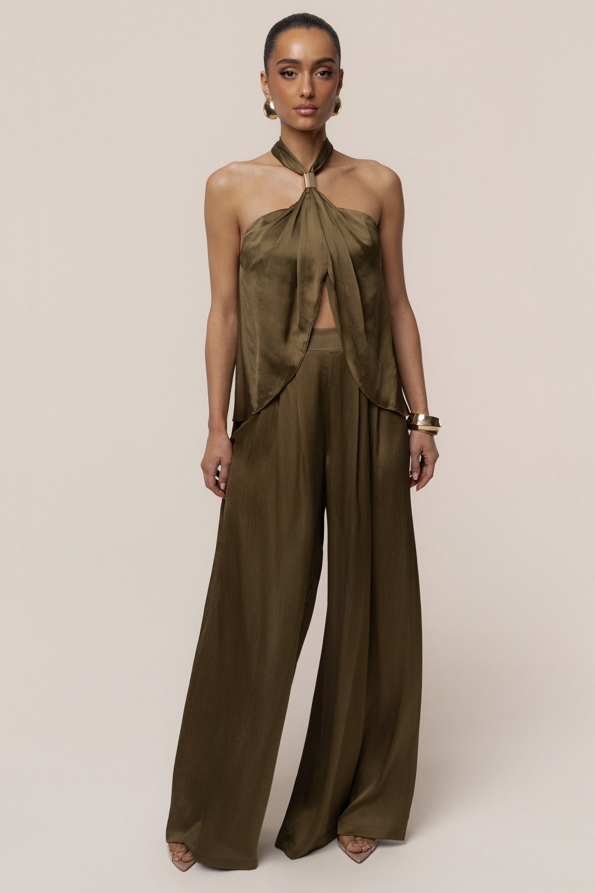 Olive Cascade Satin Pant Set NEWFASHIONEDGE