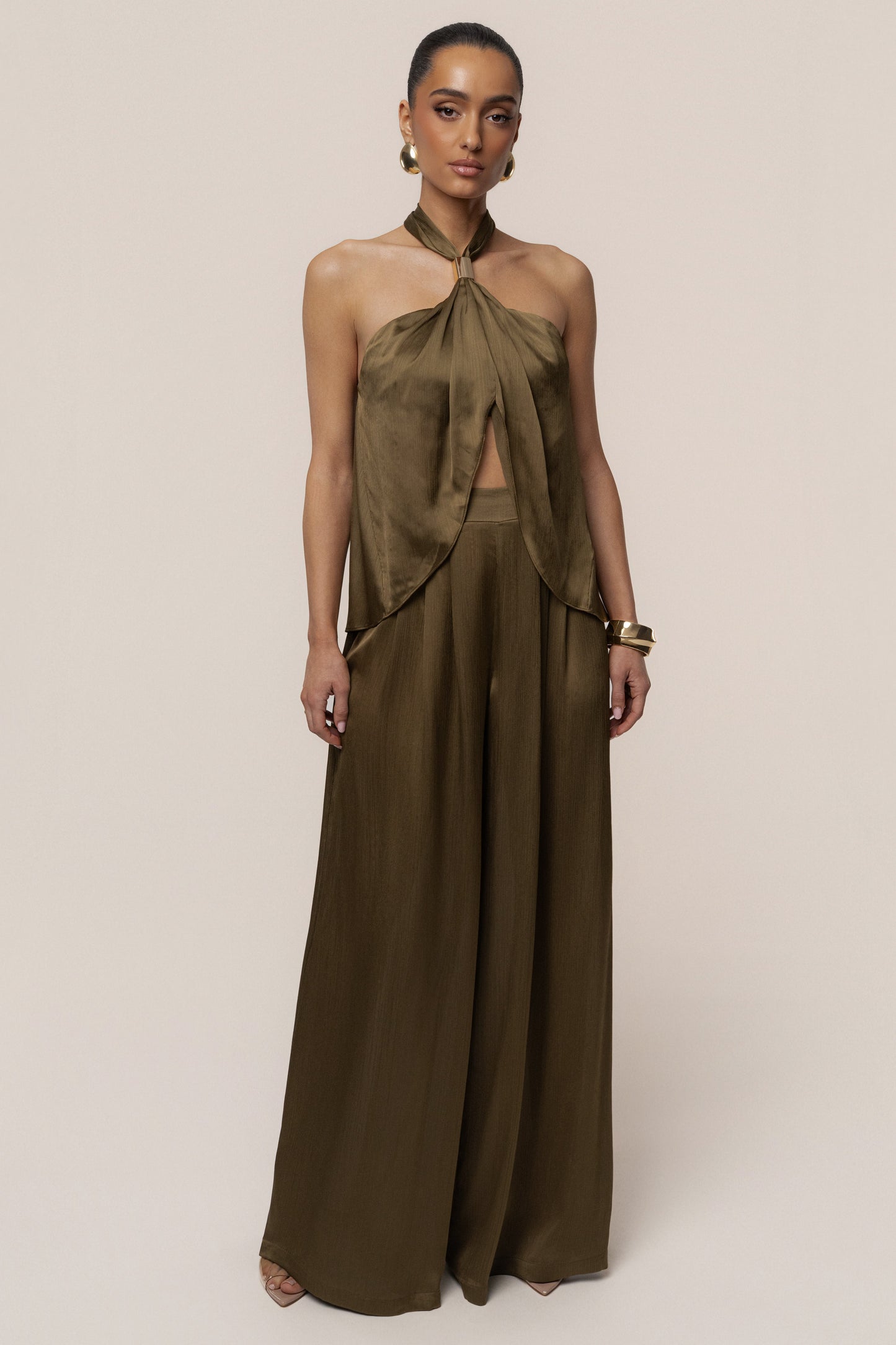 Olive Cascade Satin Pant Set