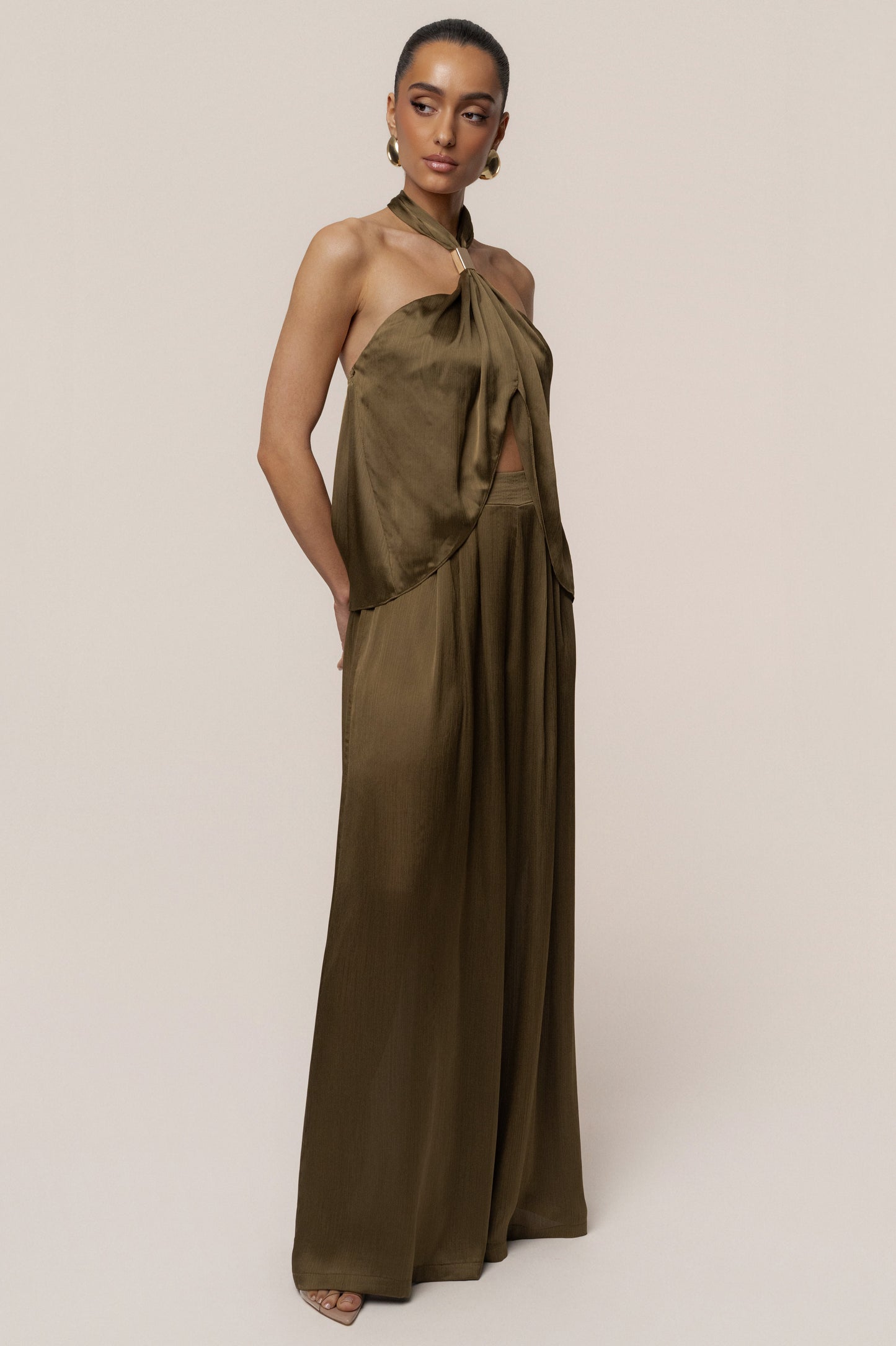 Olive Cascade Satin Pant Set