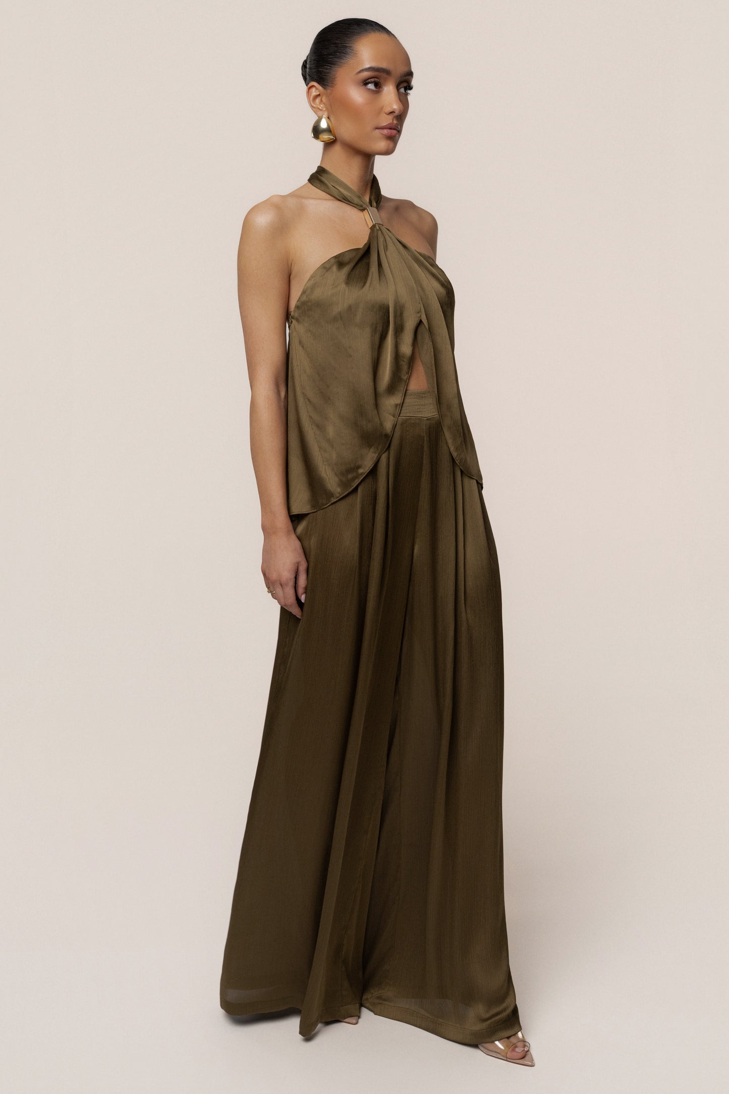 Olive Cascade Satin Pant Set NEWFASHIONEDGE