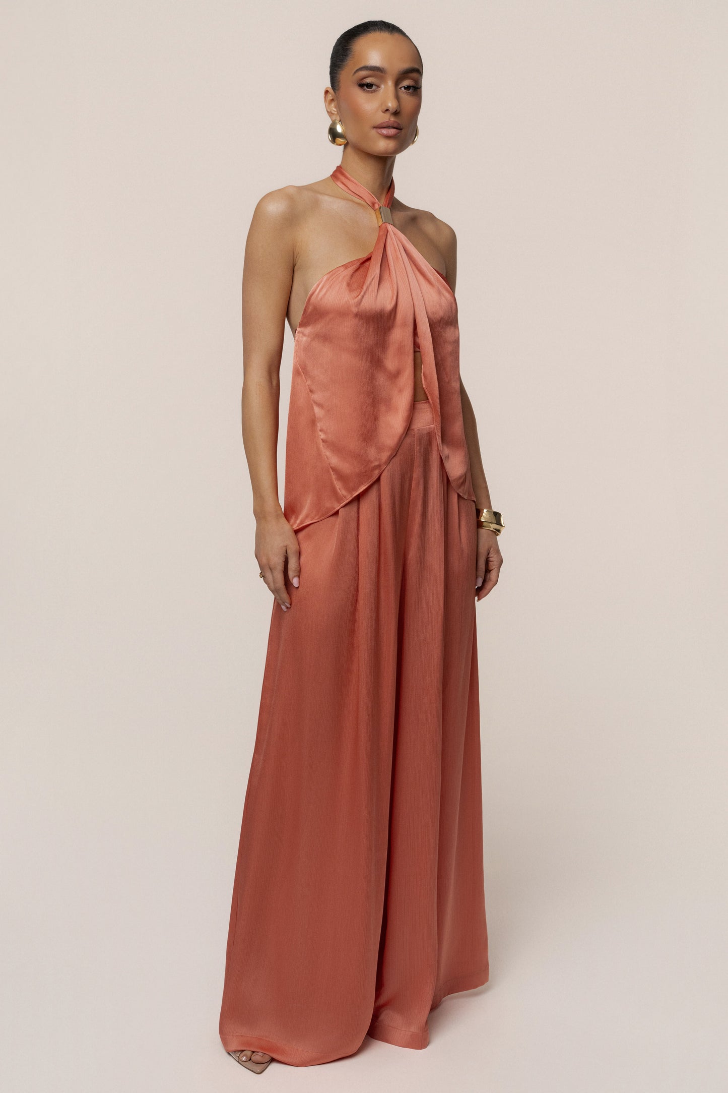 Salmon Cascade Satin Pant Set