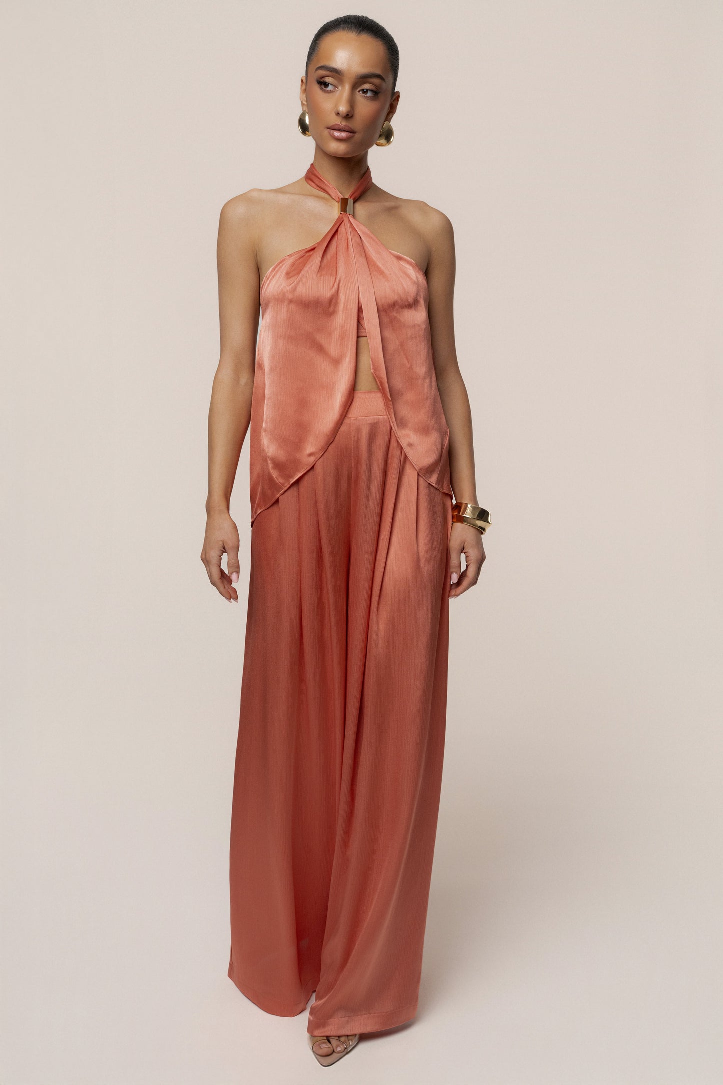 Salmon Cascade Satin Pant Set