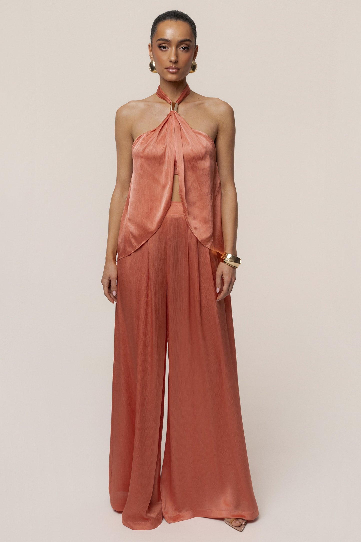 Salmon Cascade Satin Pant Set
