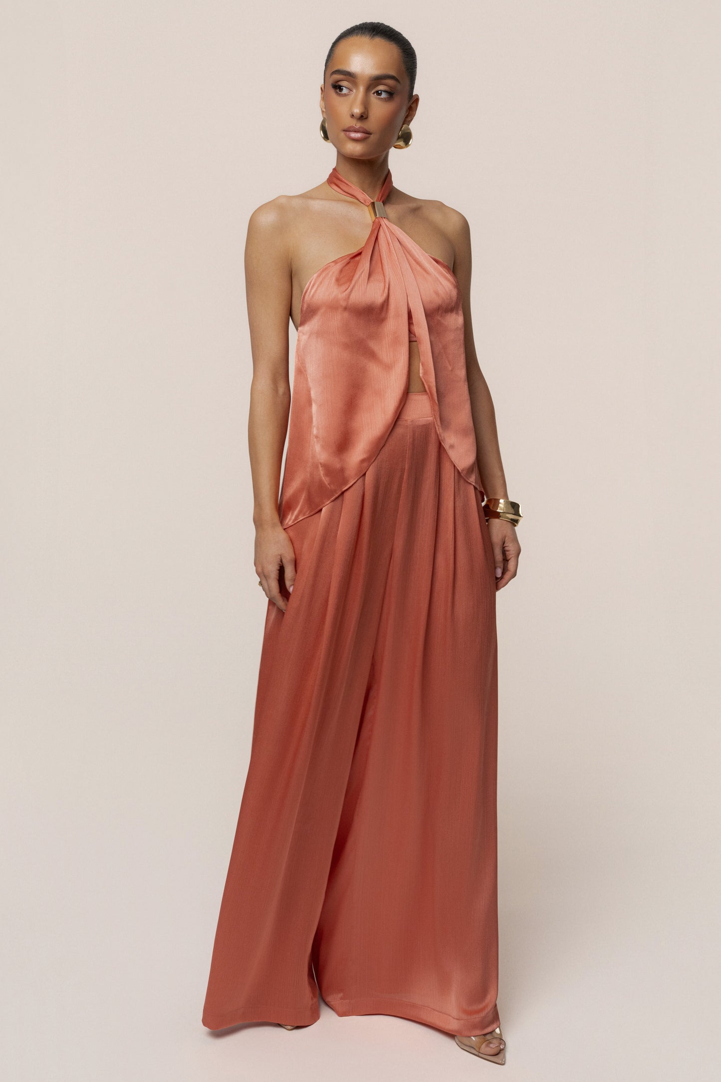 Salmon Cascade Satin Pant Set