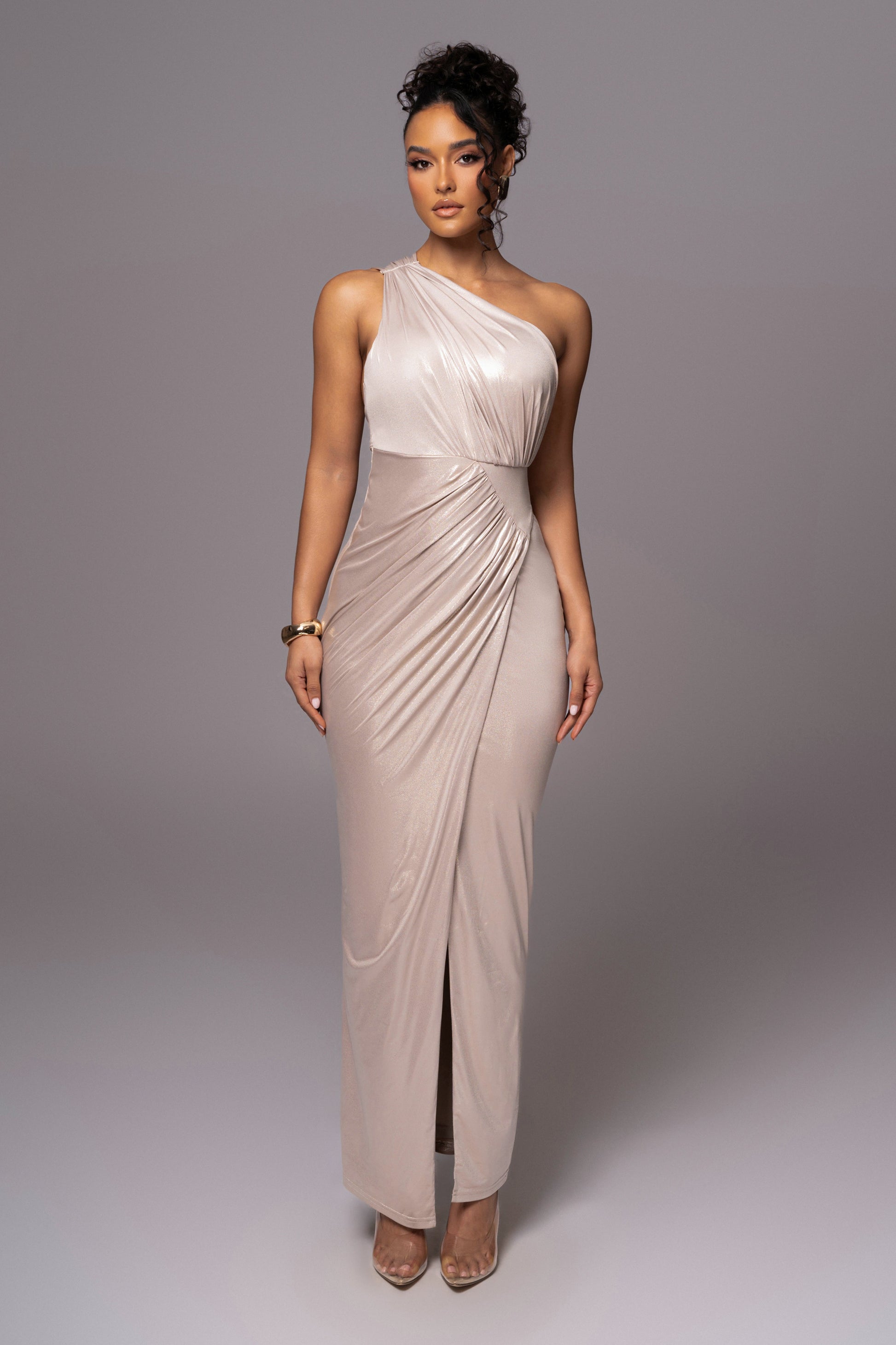 Champagne Lavina Metallic Maxi Dress JLUXLABEL