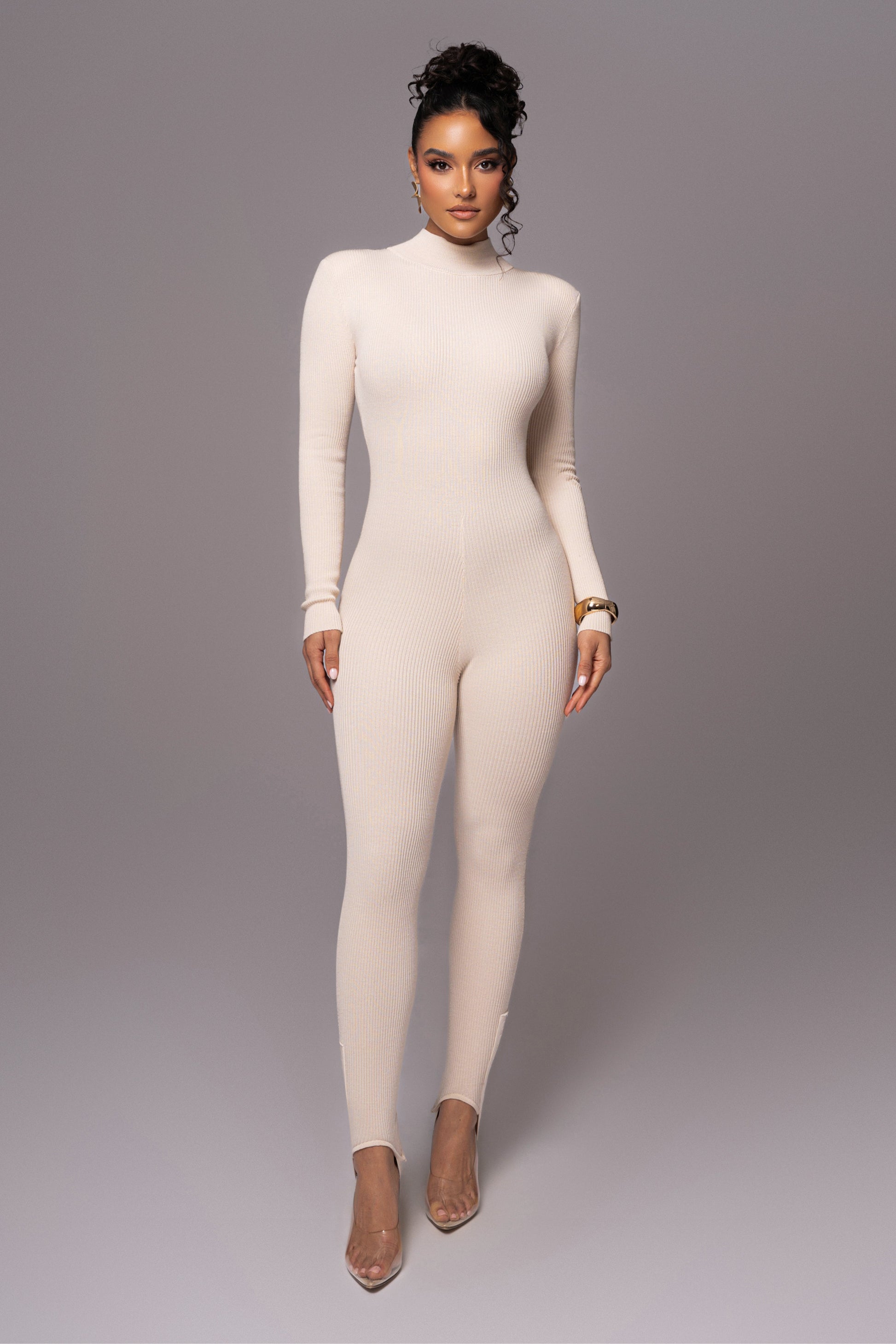 Beige Minna Mock Neck Jumpsuit JLUXLABEL