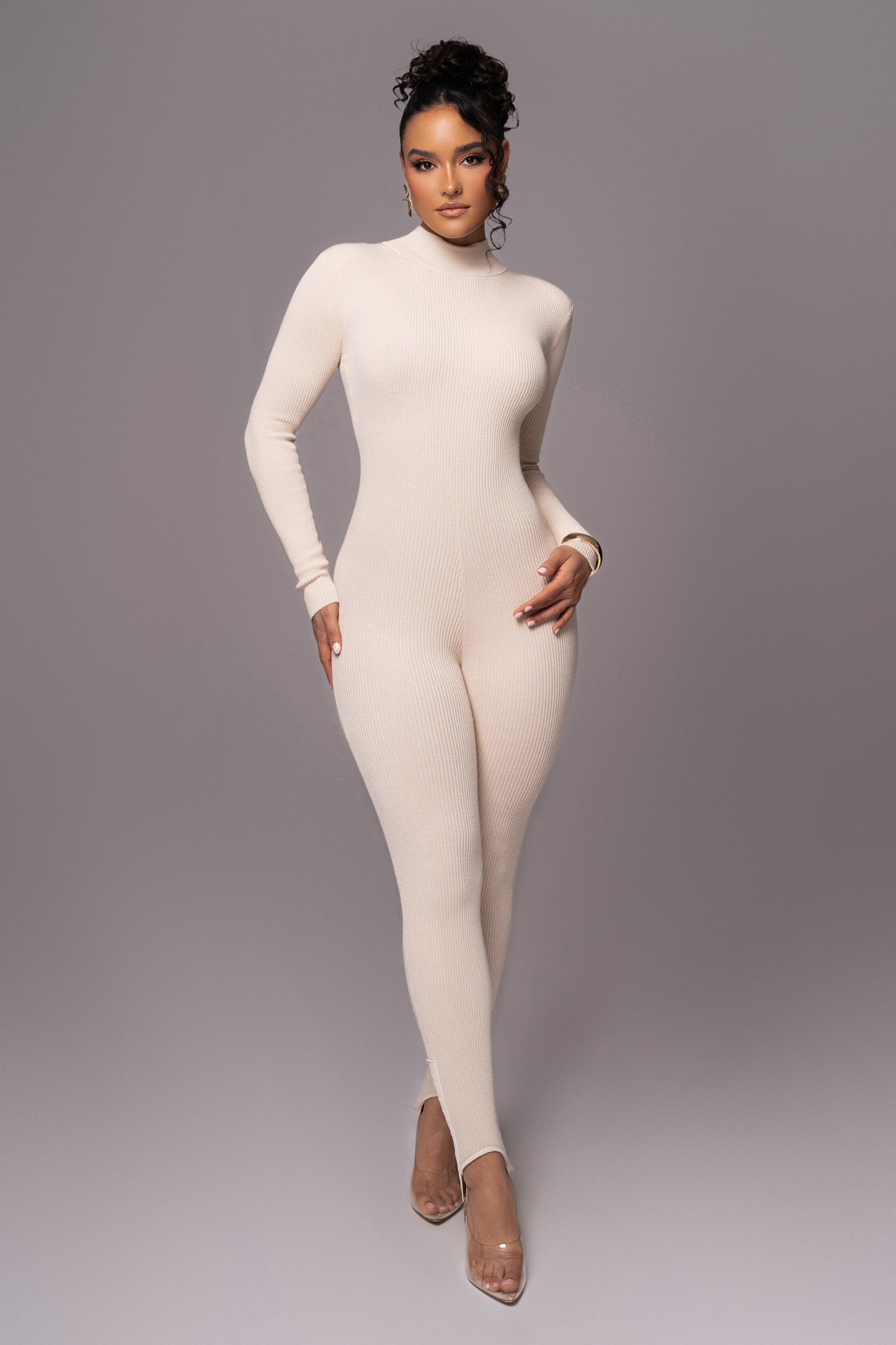 Beige Minna Mock Neck Jumpsuit JLUXLABEL