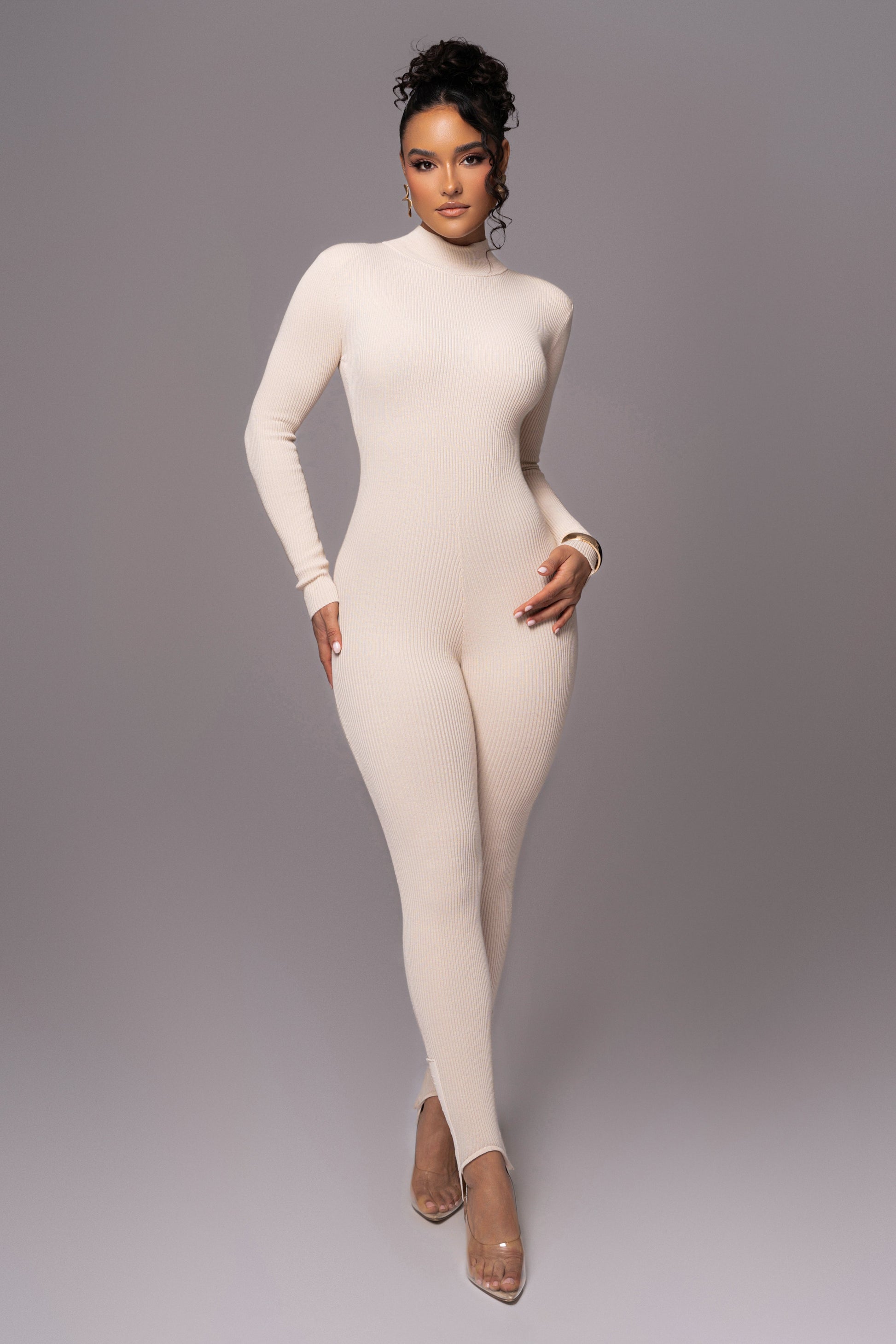 Beige Minna Mock Neck Jumpsuit JLUXLABEL