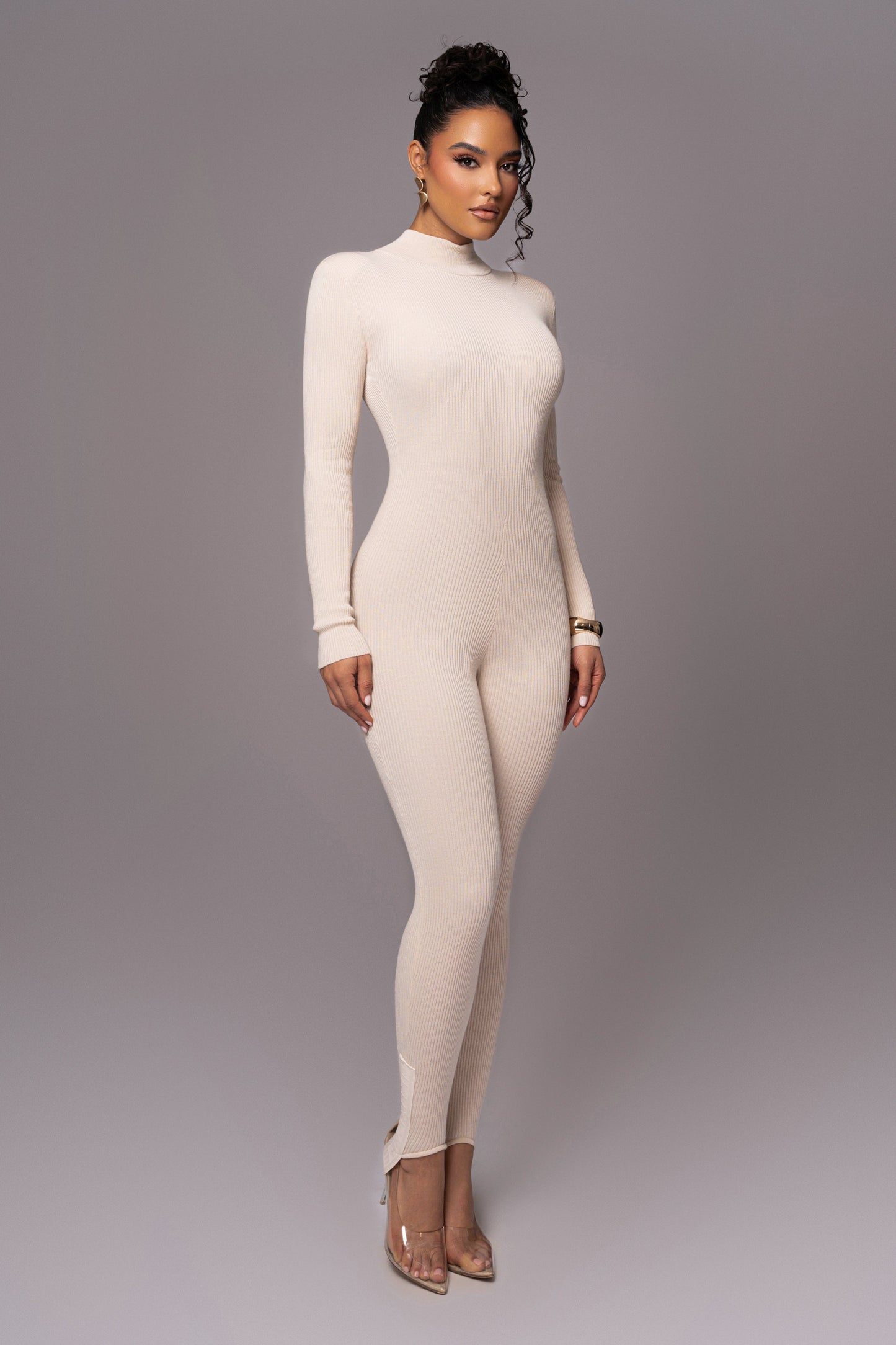 Beige Minna Mock Neck Jumpsuit JLUXLABEL
