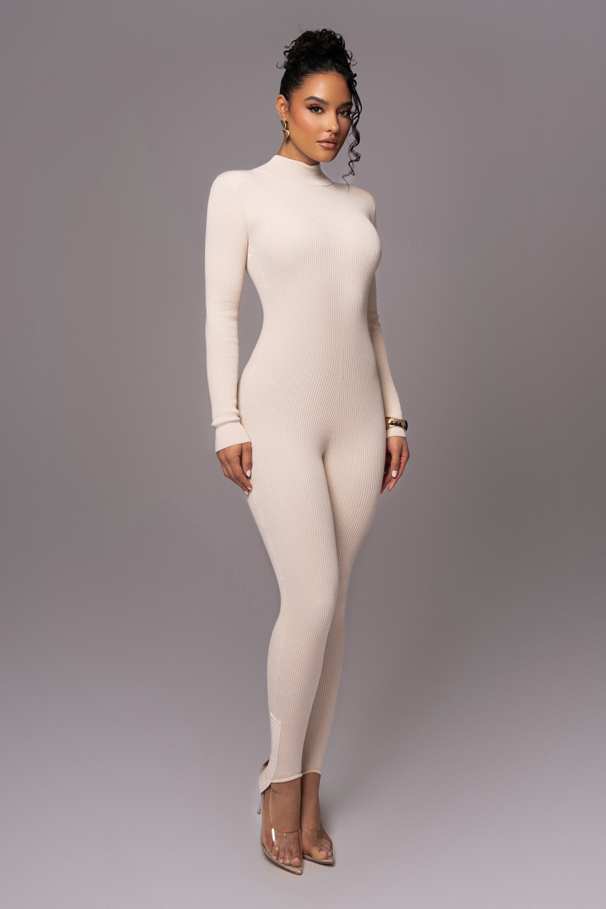 Beige Minna Mock Neck Jumpsuit JLUXLABEL
