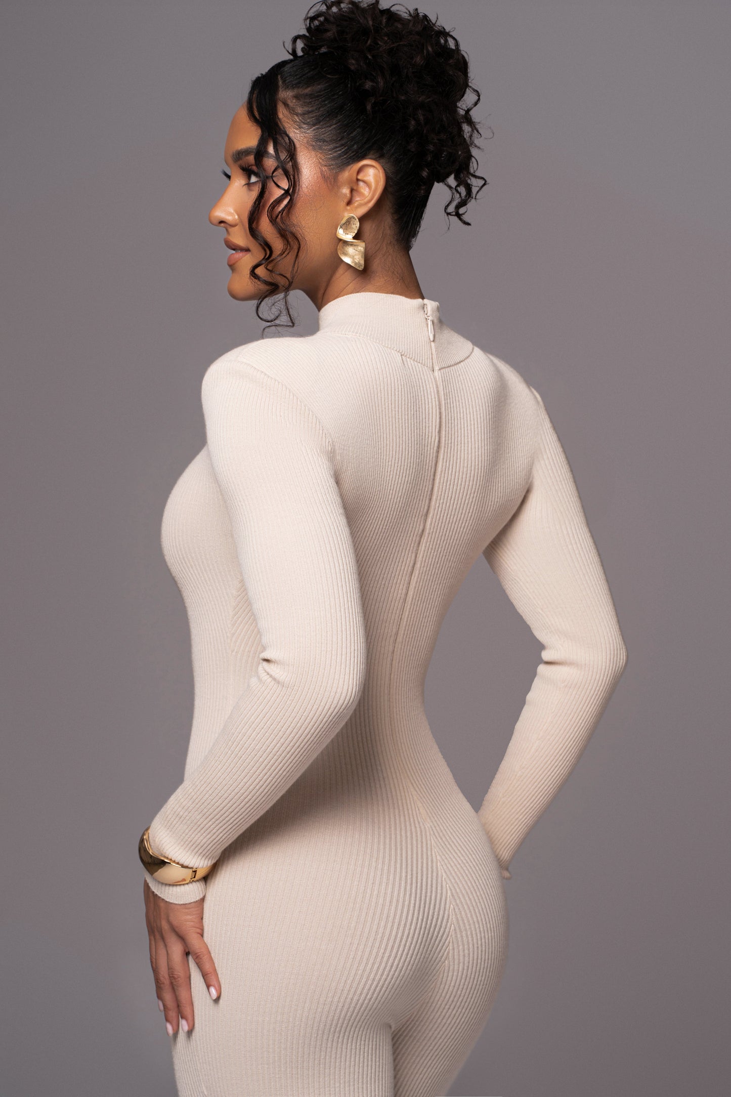 Beige Minna Mock Neck Jumpsuit JLUXLABEL