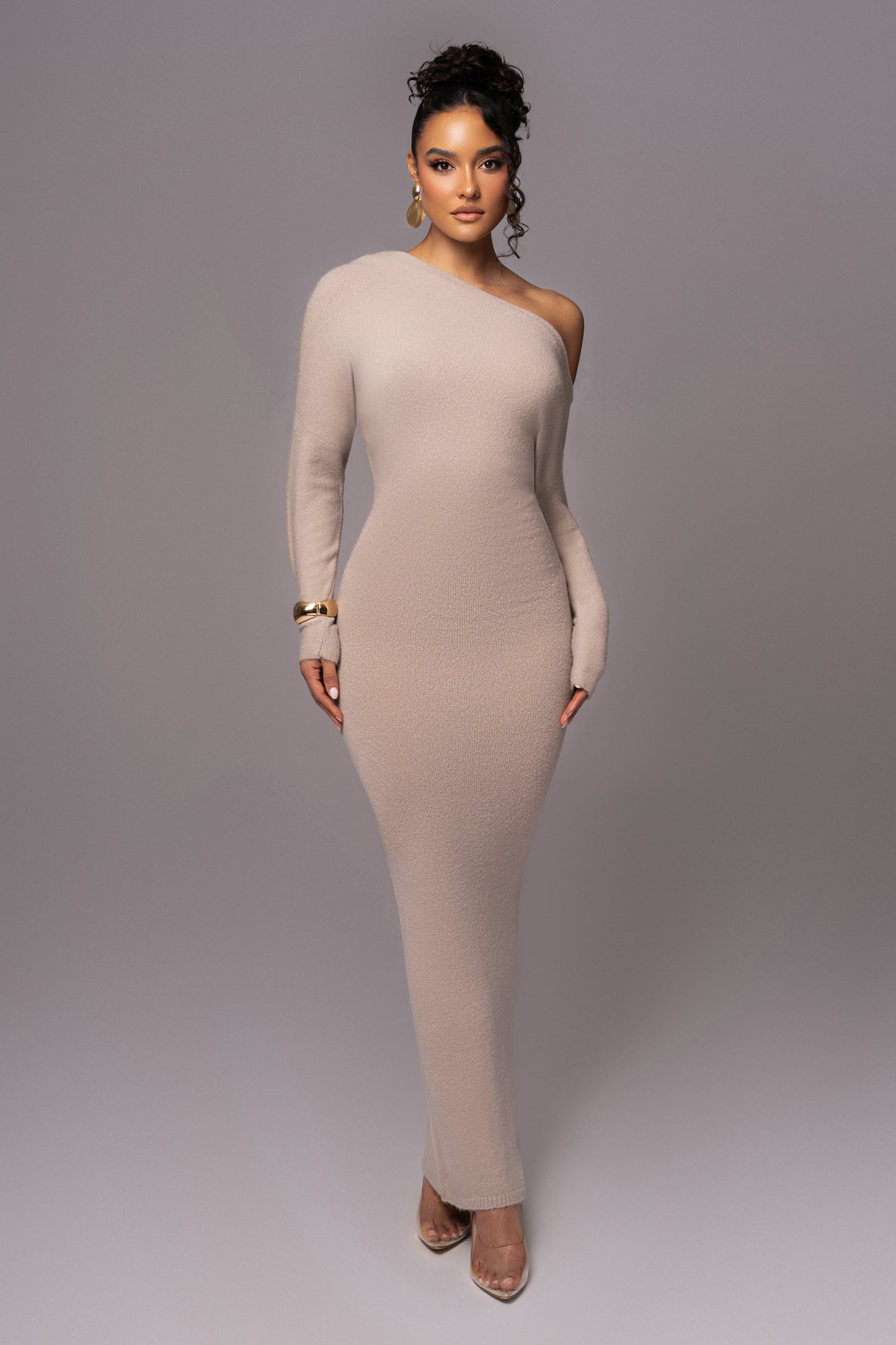 Beige Maddux Asymmetrical Maxi Dress JLUXLABEL
