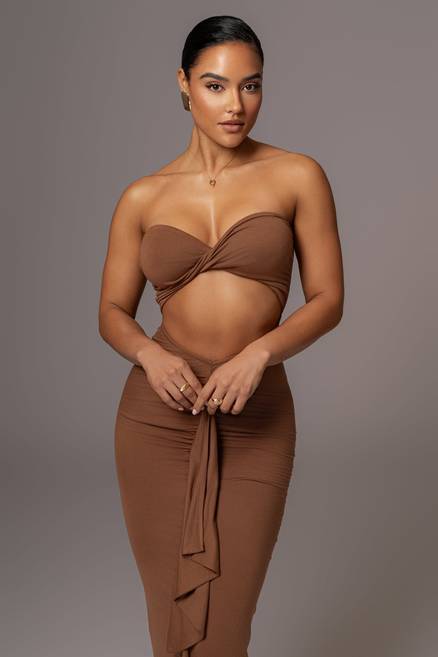 Chocolate Strapless Drape Maxi Dress JLUXLABEL