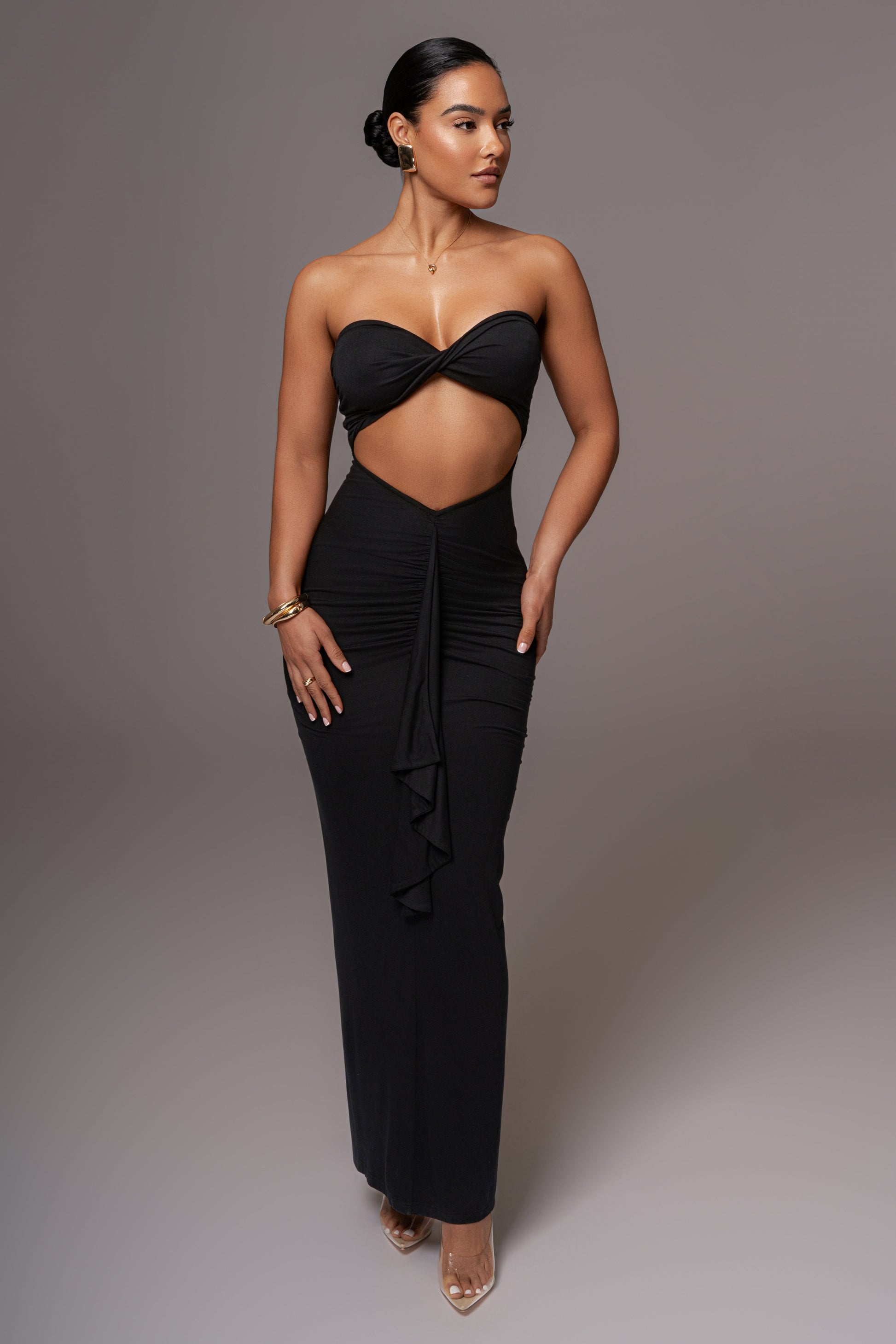 Black Strapless Drape Maxi Dress JLUXLABEL
