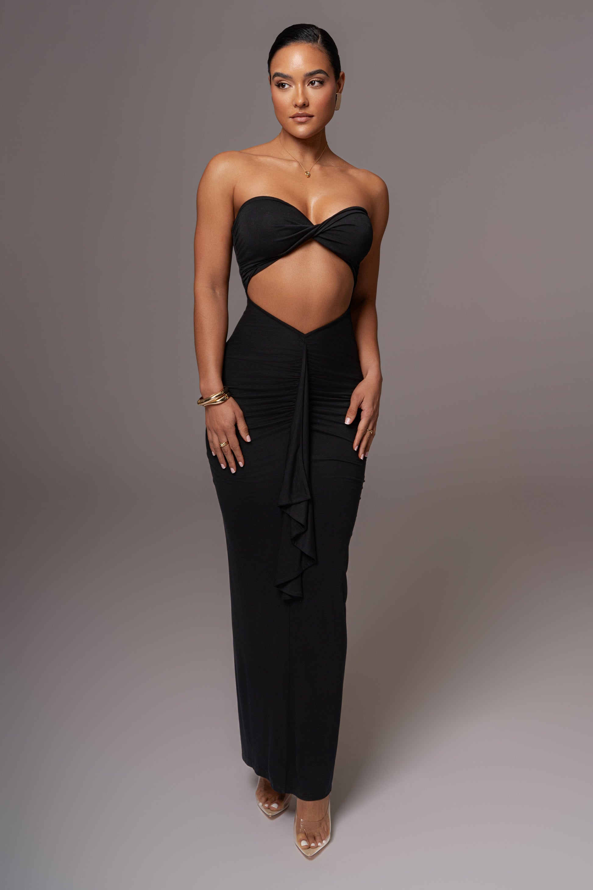 Black Strapless Drape Maxi Dress JLUXLABEL