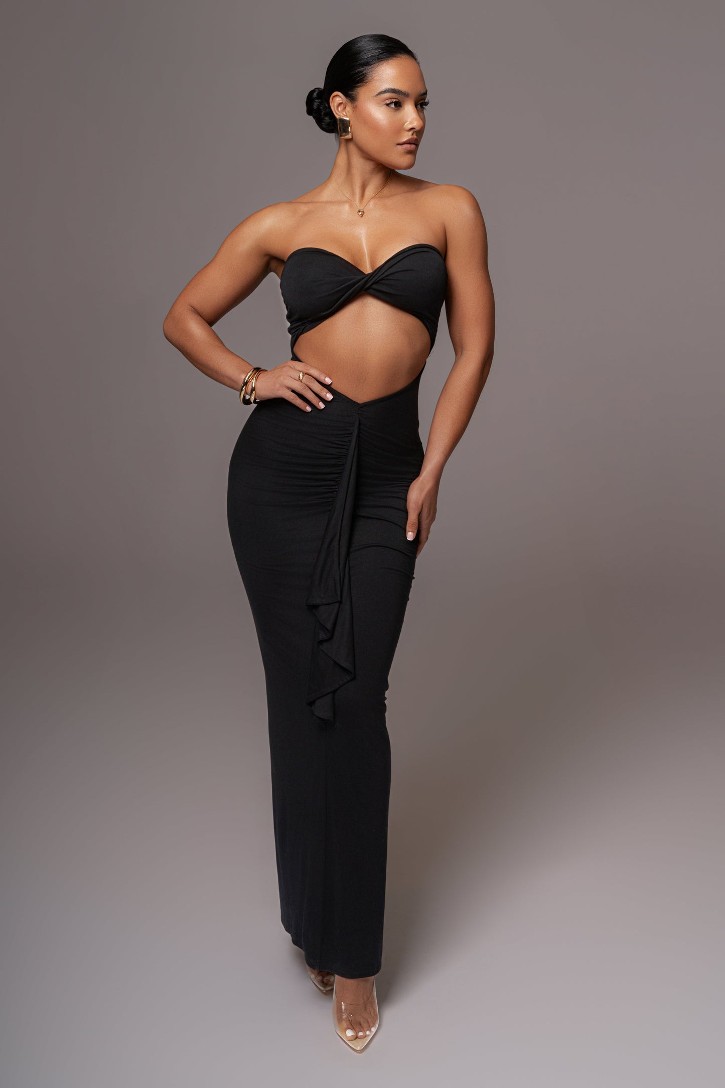 Black Strapless Drape Maxi Dress JLUXLABEL