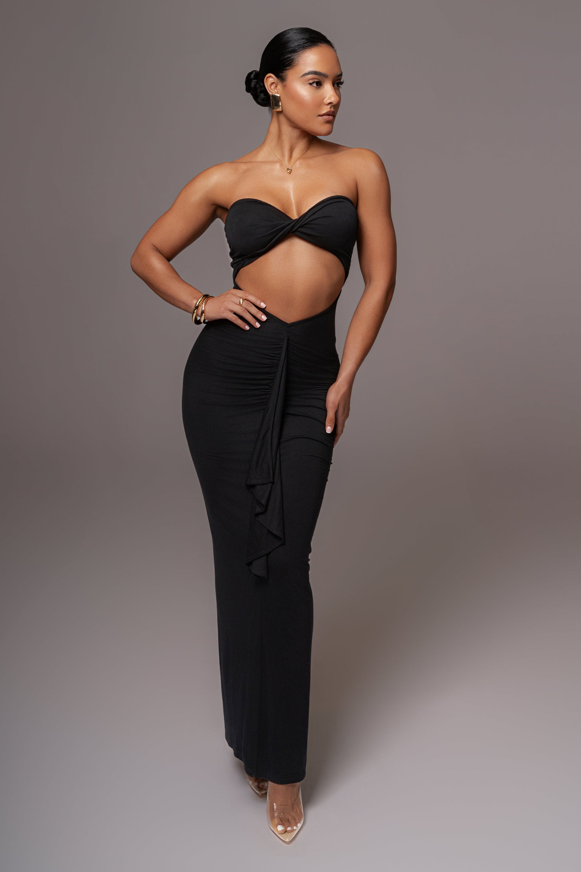 Black Strapless Drape Maxi Dress JLUXLABEL