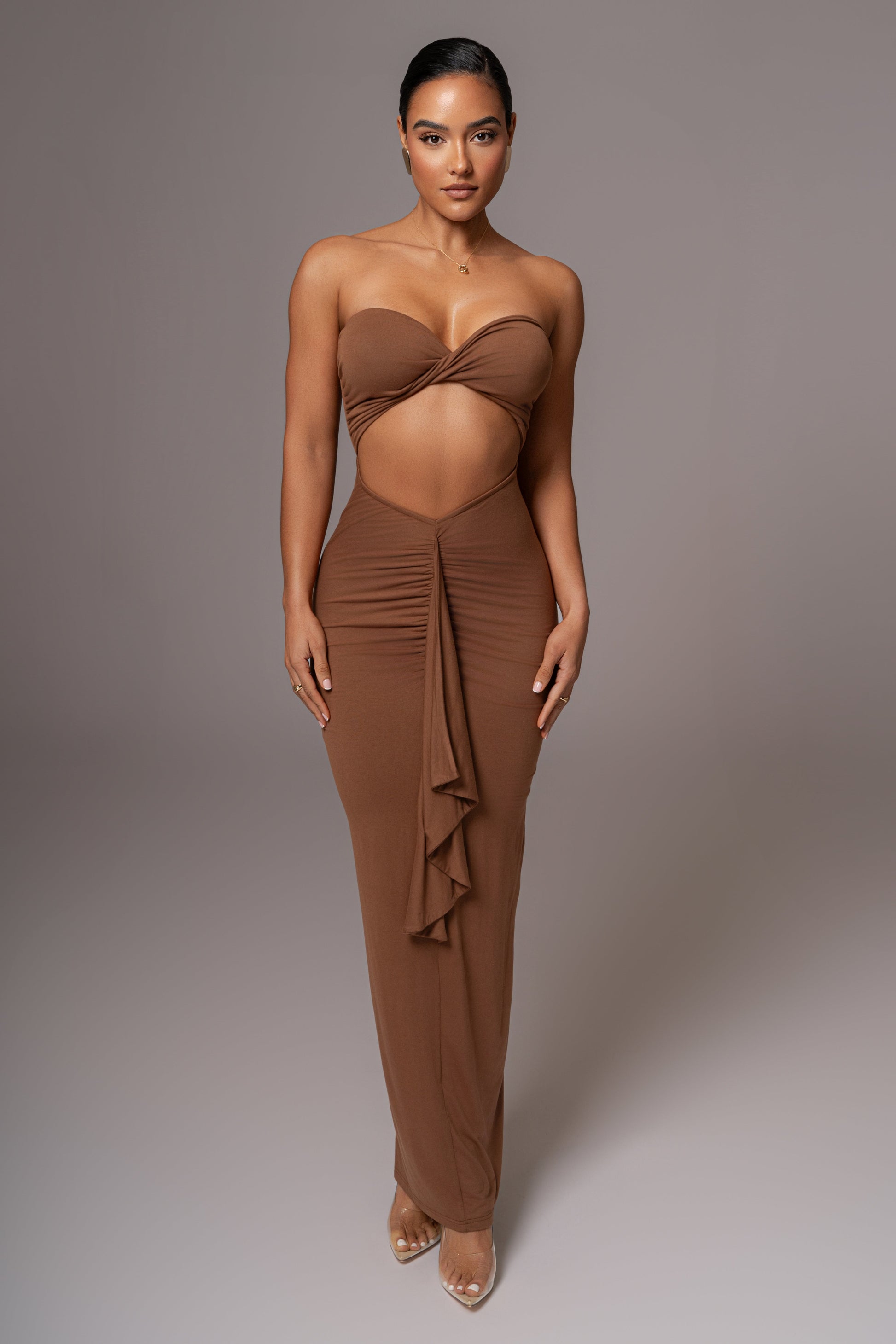 Chocolate Strapless Drape Maxi Dress JLUXLABEL