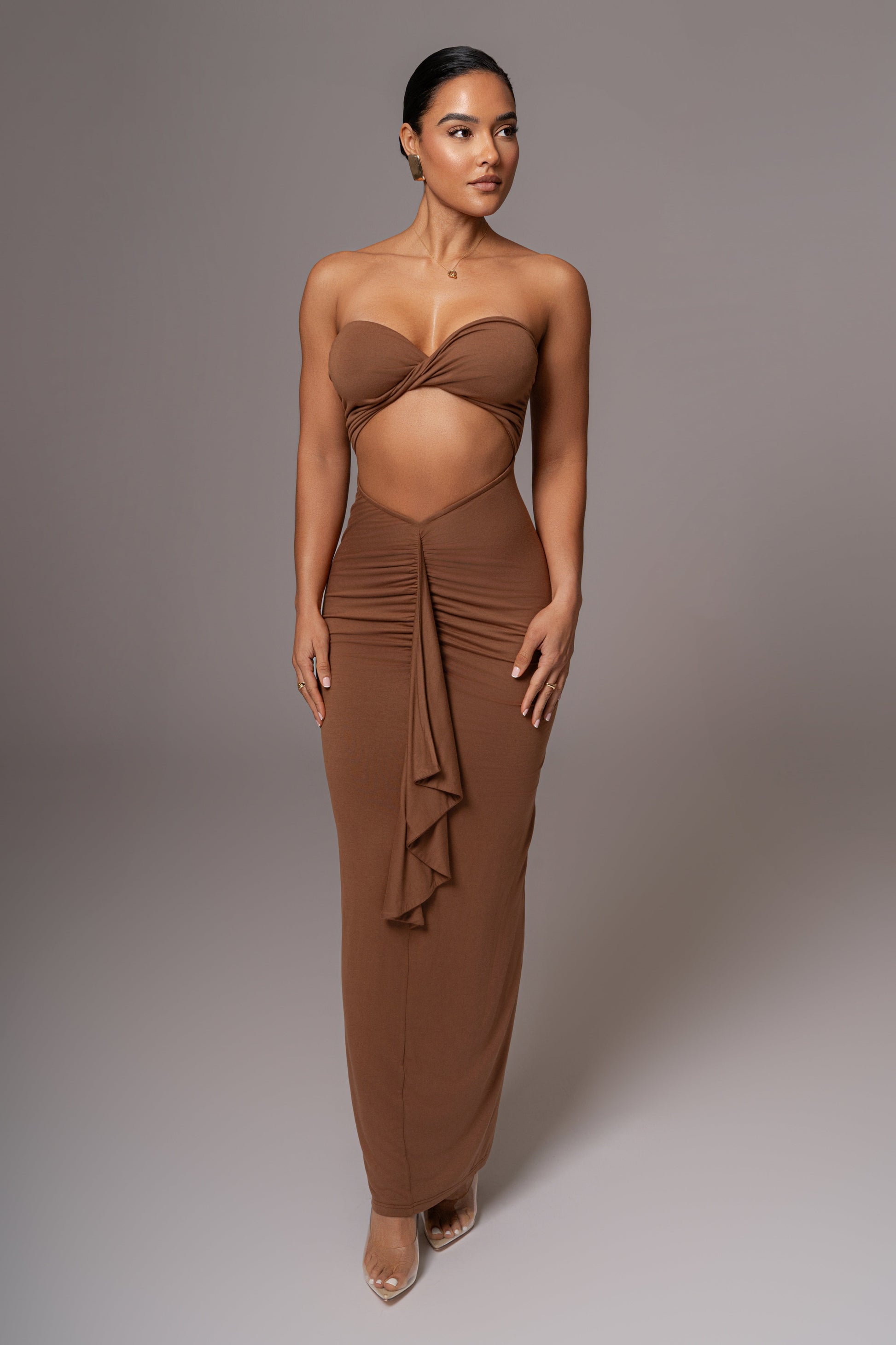 Chocolate Strapless Drape Maxi Dress JLUXLABEL