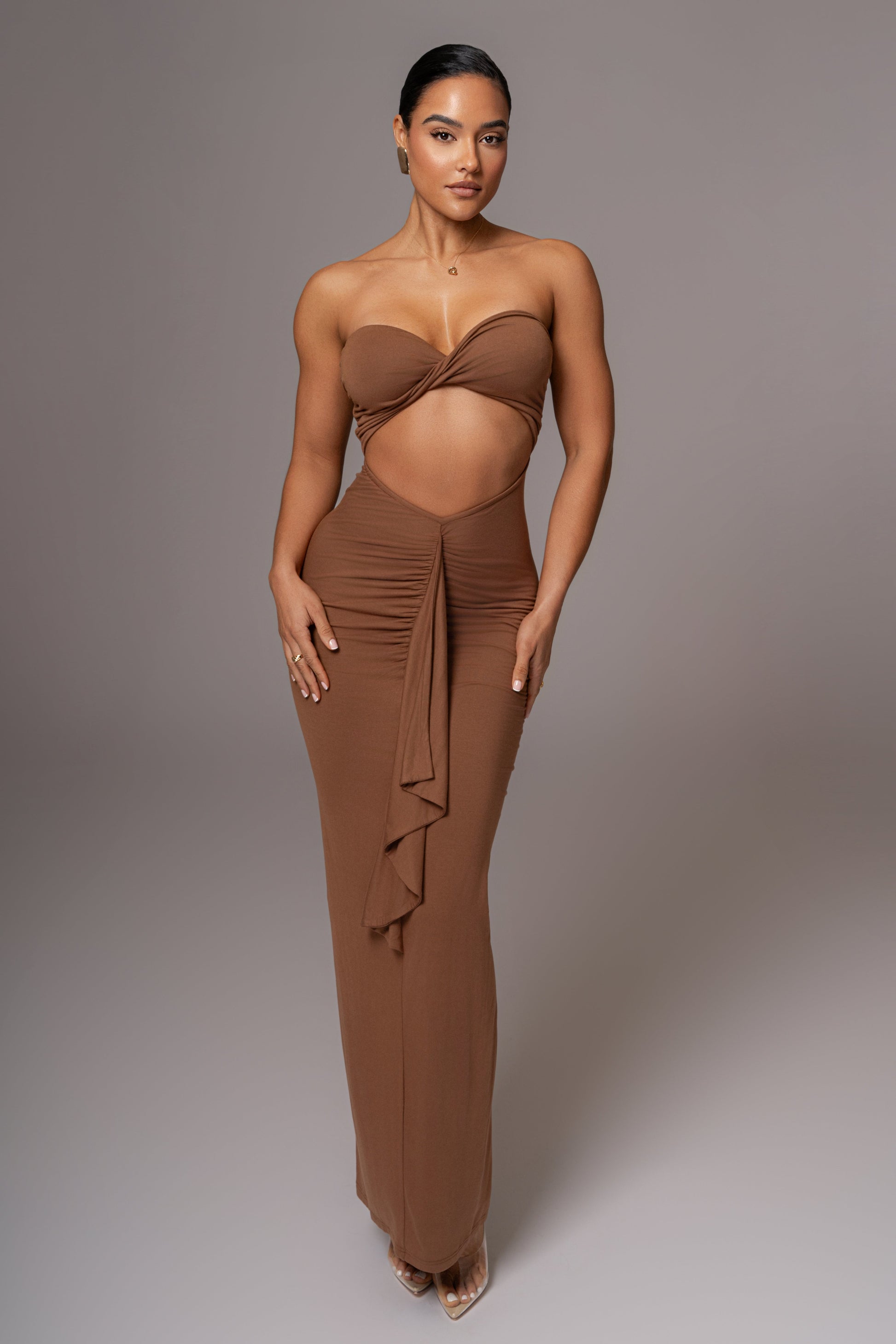 Chocolate Strapless Drape Maxi Dress JLUXLABEL