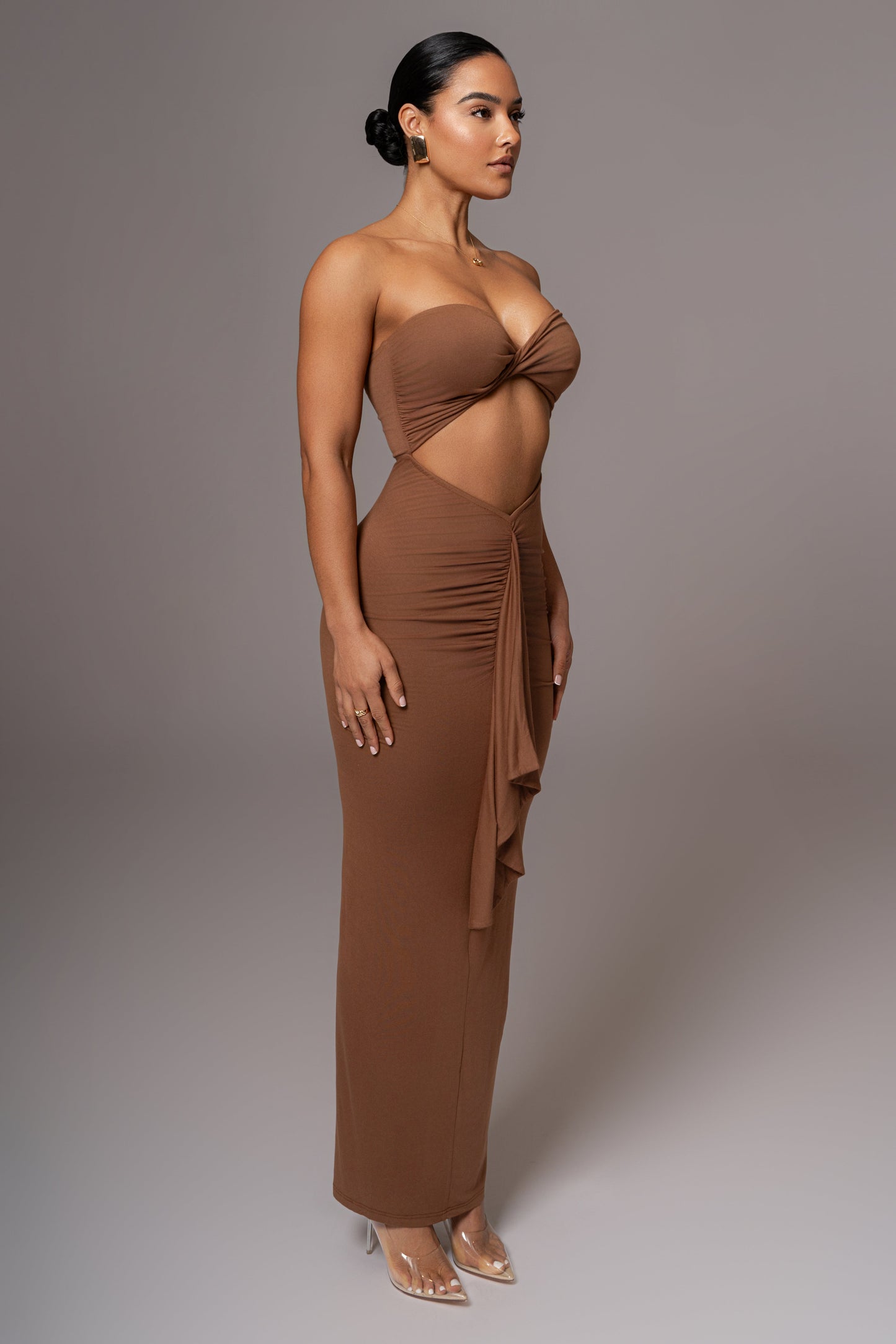 Chocolate Strapless Drape Maxi Dress JLUXLABEL