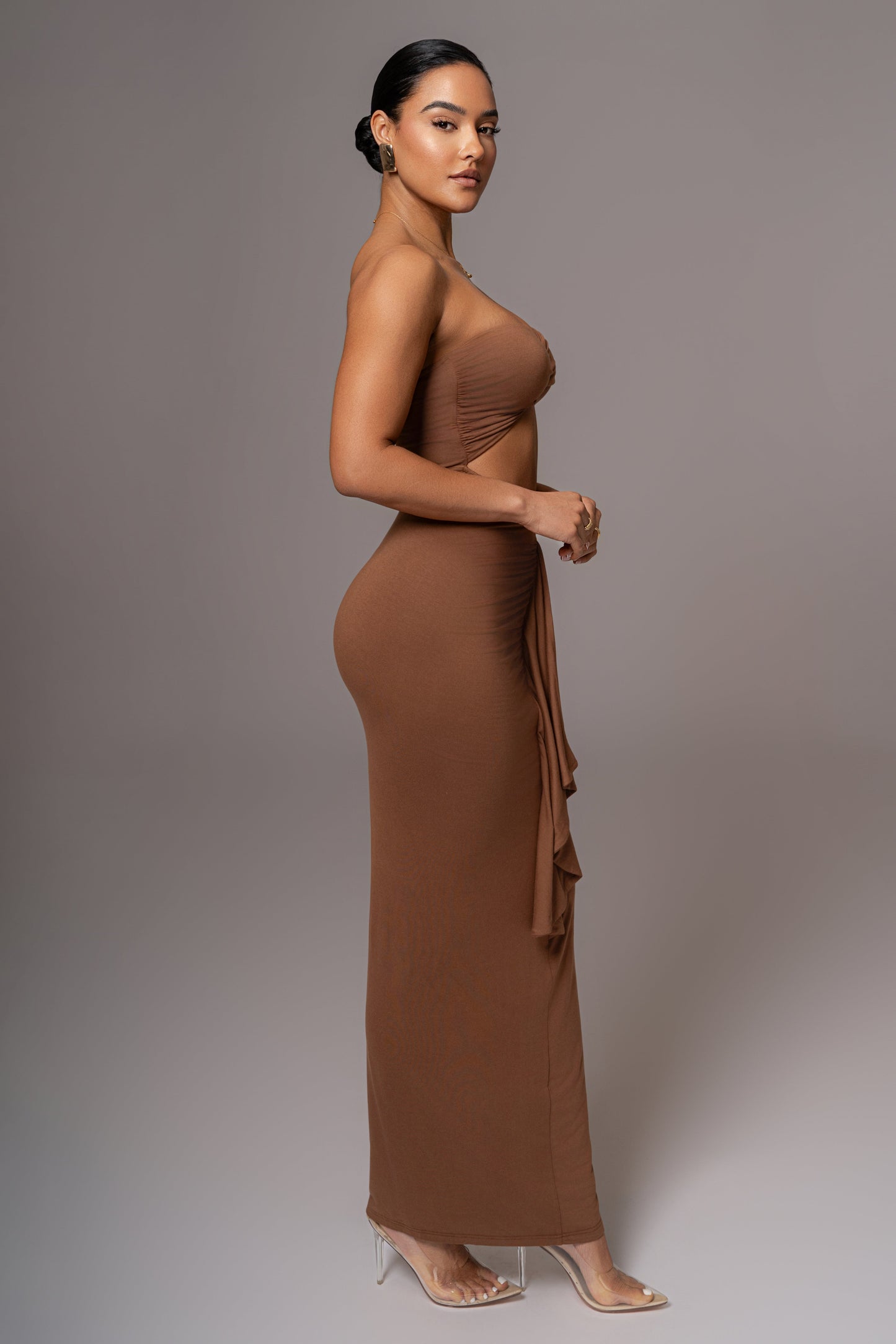 Chocolate Strapless Drape Maxi Dress JLUXLABEL
