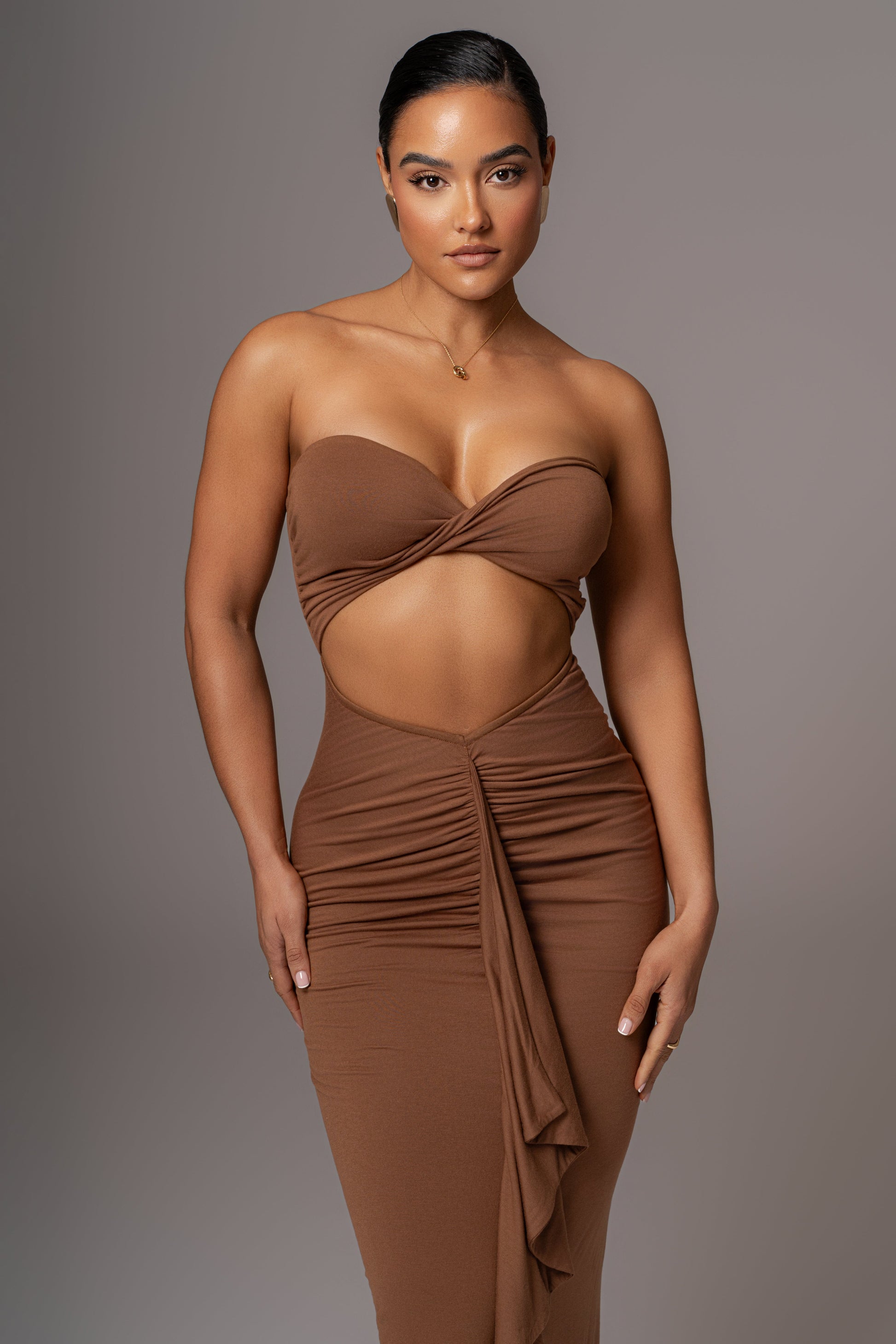 Chocolate Strapless Drape Maxi Dress JLUXLABEL