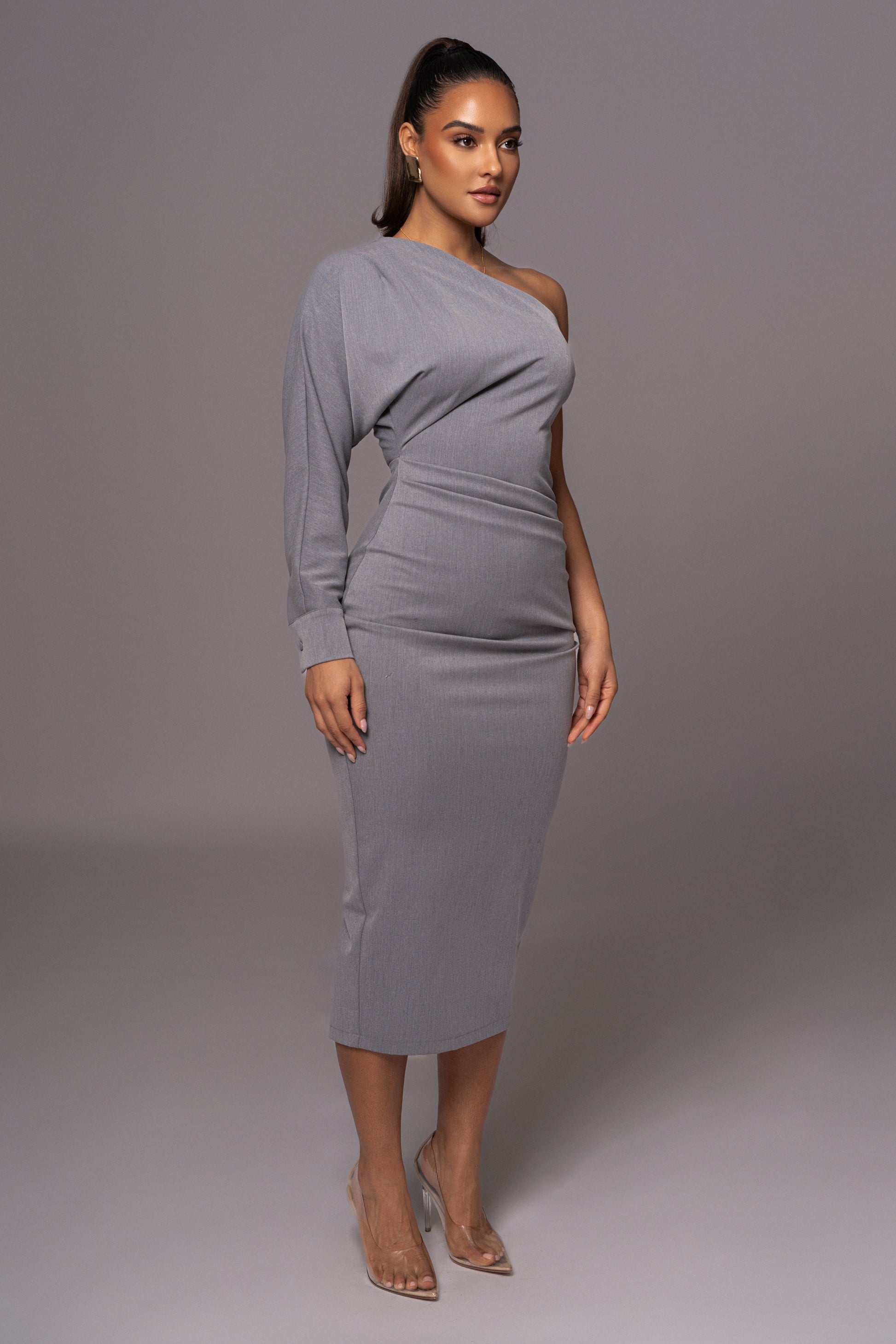Grey Racheal One Shoulder Midi Dress JLUXLABEL