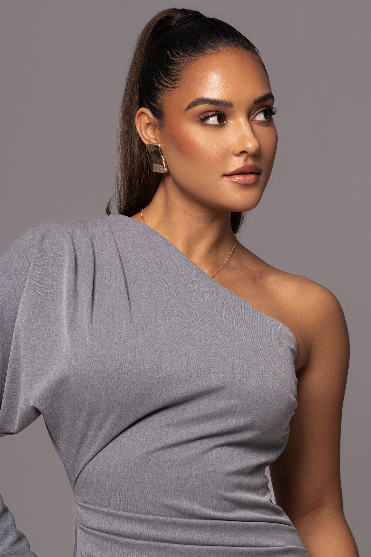Grey Racheal One Shoulder Midi Dress JLUXLABEL